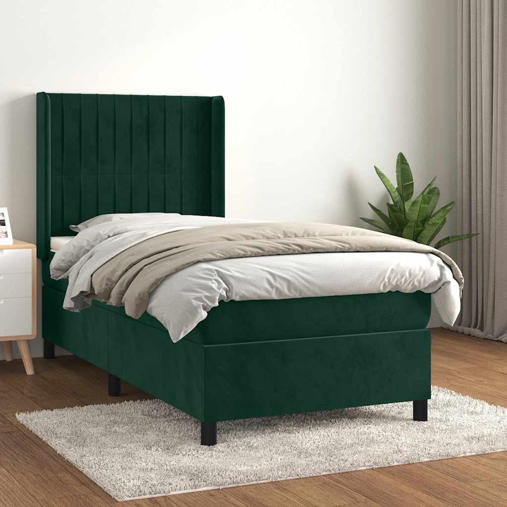 Cama com molas/colchão 100x200 cm veludo verde-escuro