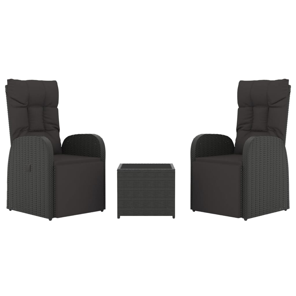3 Pcs conjunto lounge para jardim vime PE e aço preto