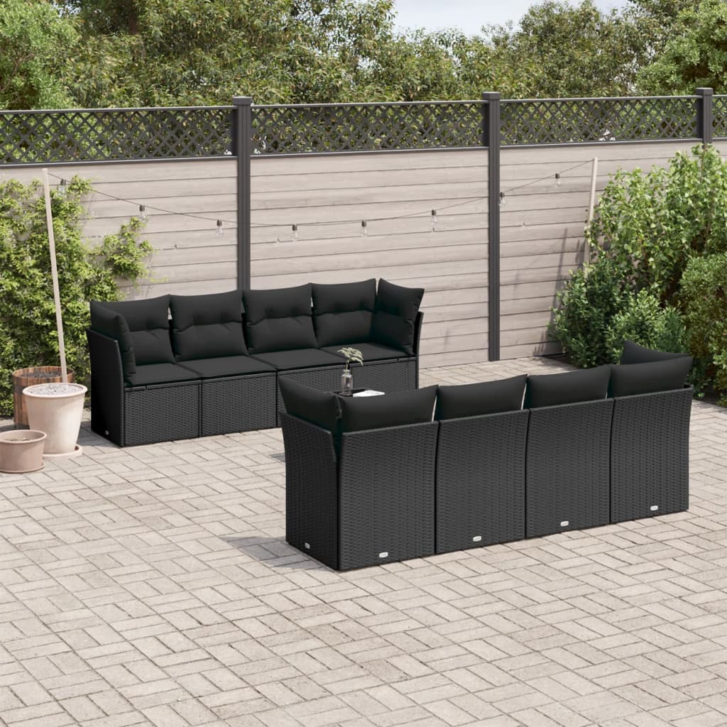 9 Pcs conjunto de sofás p/ jardim c/ almofadões vime PE preto