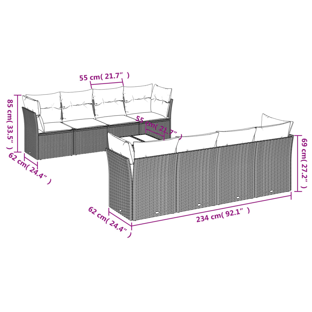 9 Pcs conjunto de sofás p/ jardim c/ almofadões vime PE preto