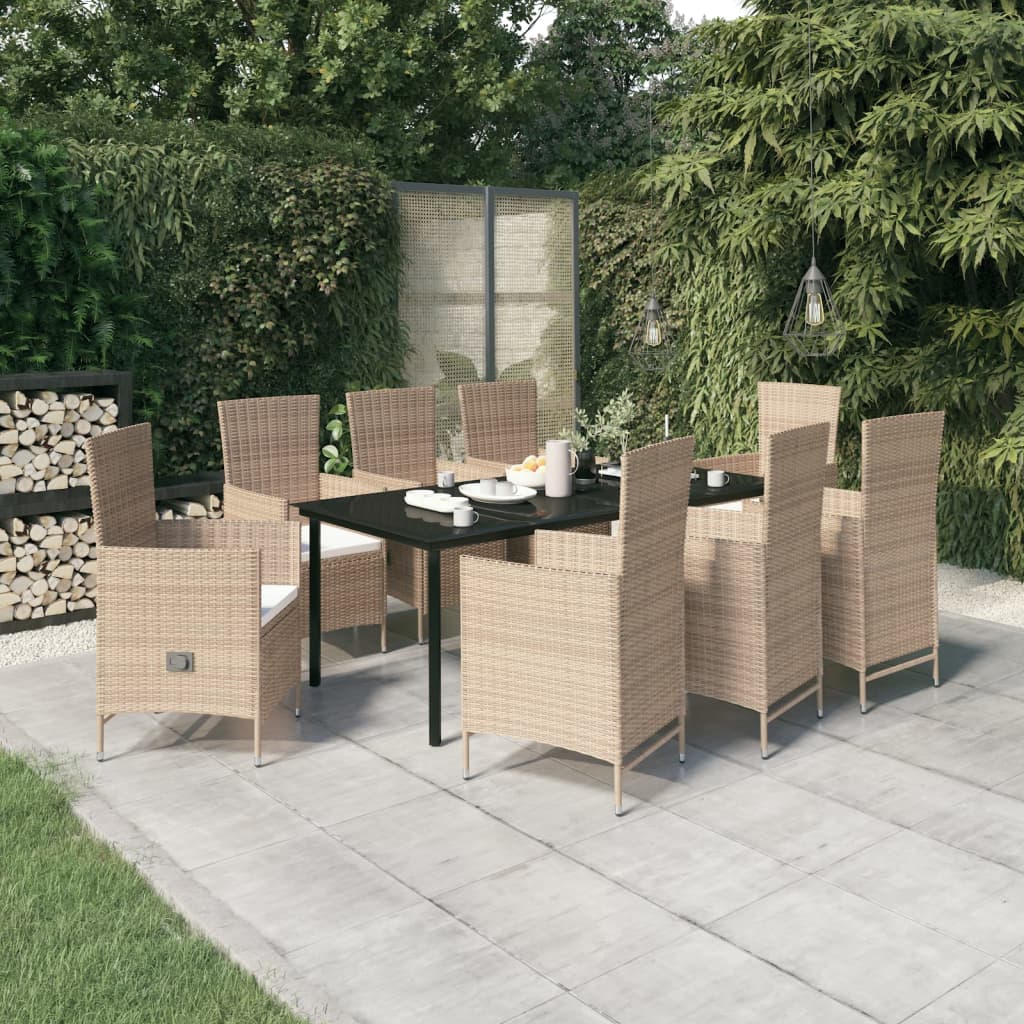 9 Pcs conjunto de jantar para jardim com almofadões bege