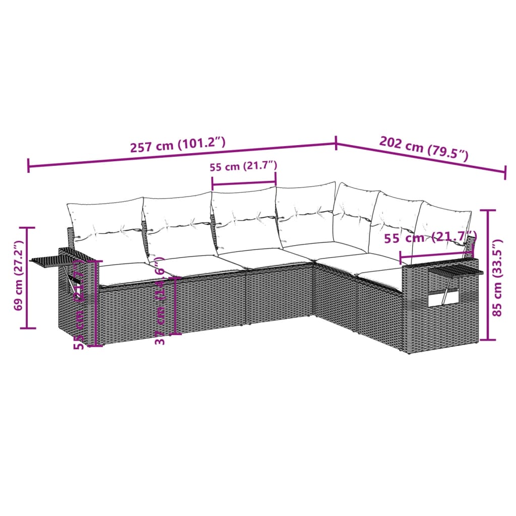 6 Pcs conjunto de sofás p/ jardim com almofadões vime PE bege