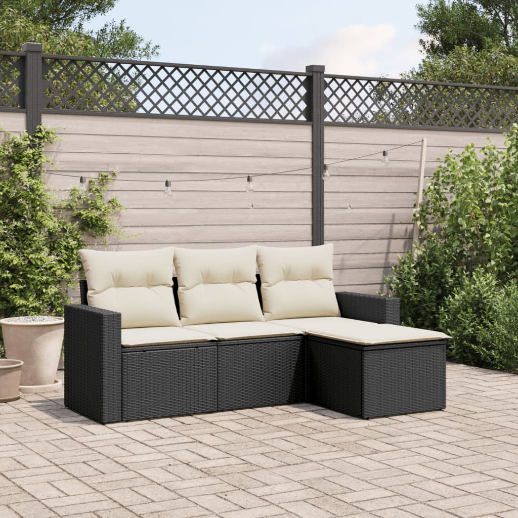 4 Pcs conjunto de sofás para jardim c/ almofadões vime PE preto