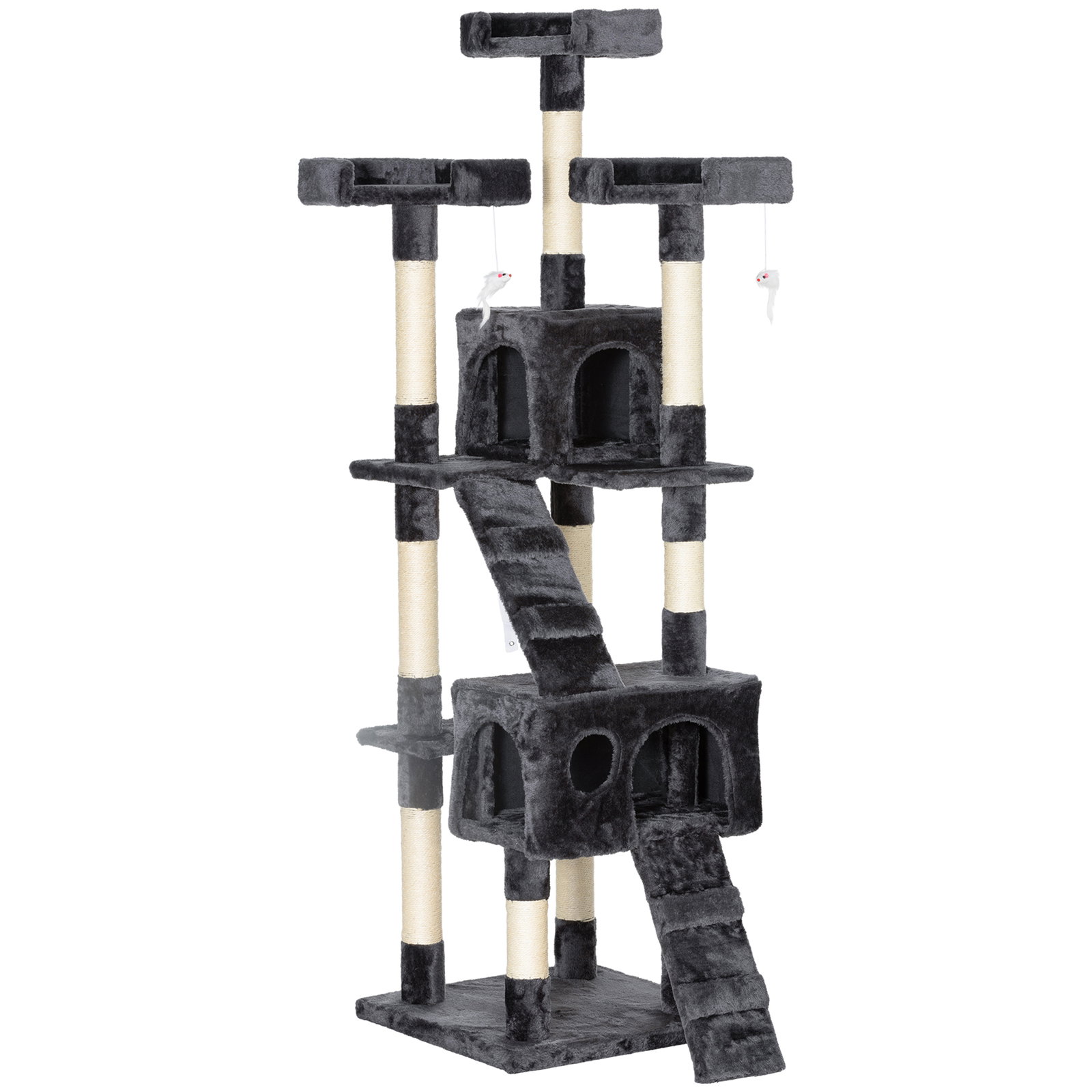 Arranhador para Gatos Grande 49x49x173 cm com Múltiplos Níveis Cavernas e Brinquedos Suspensos Cinza