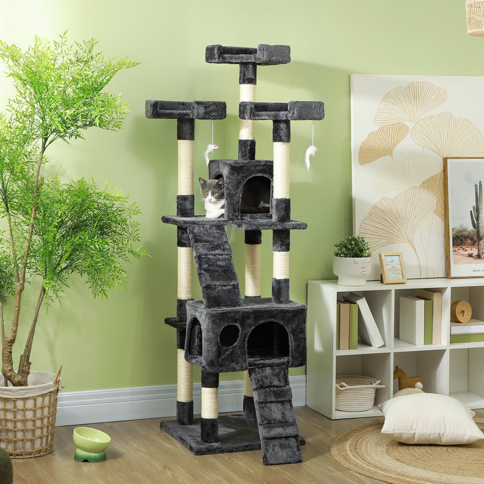 Arranhador para Gatos Grande 49x49x173 cm com Múltiplos Níveis Cavernas e Brinquedos Suspensos Cinza