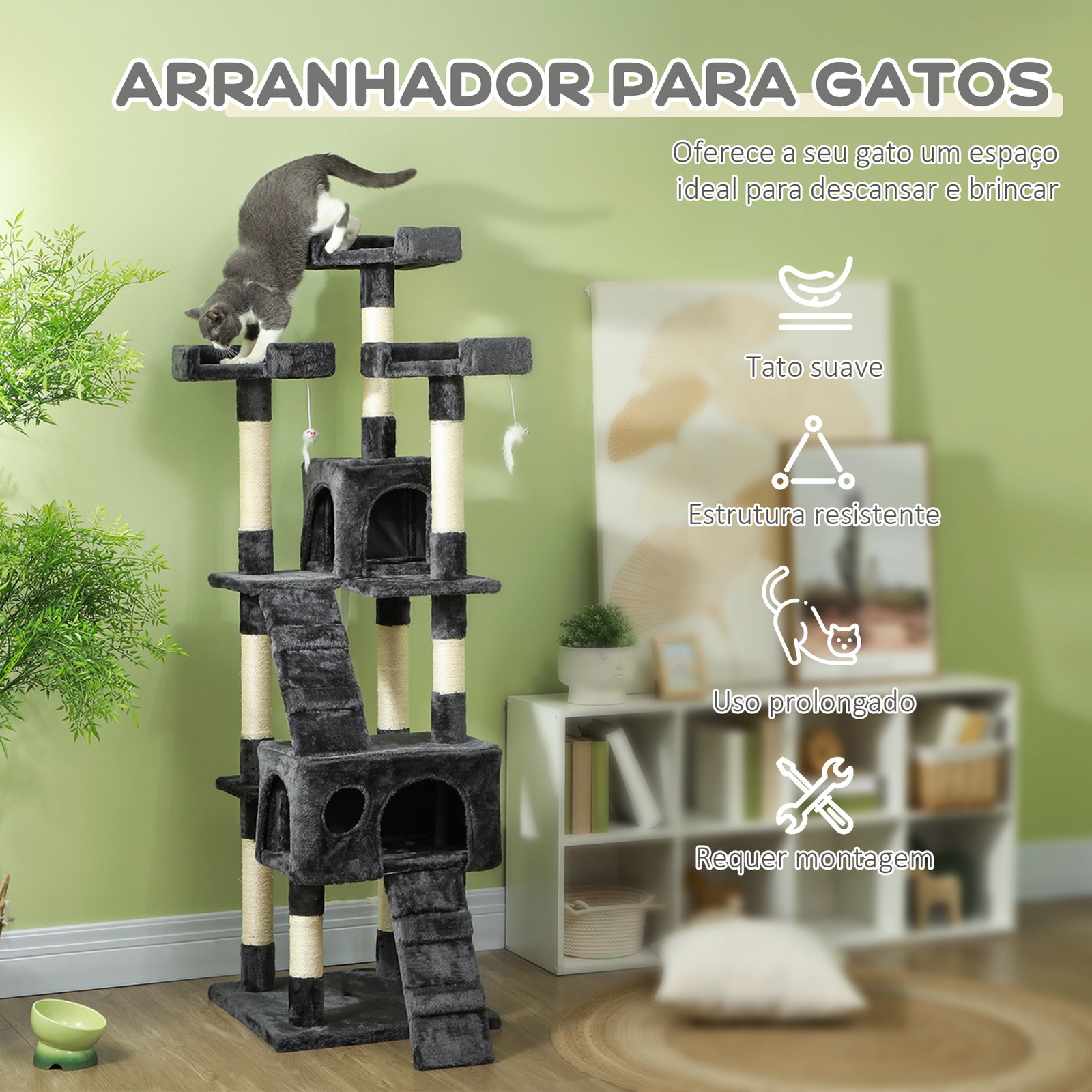 Arranhador para Gatos Grande 49x49x173 cm com Múltiplos Níveis Cavernas e Brinquedos Suspensos Cinza