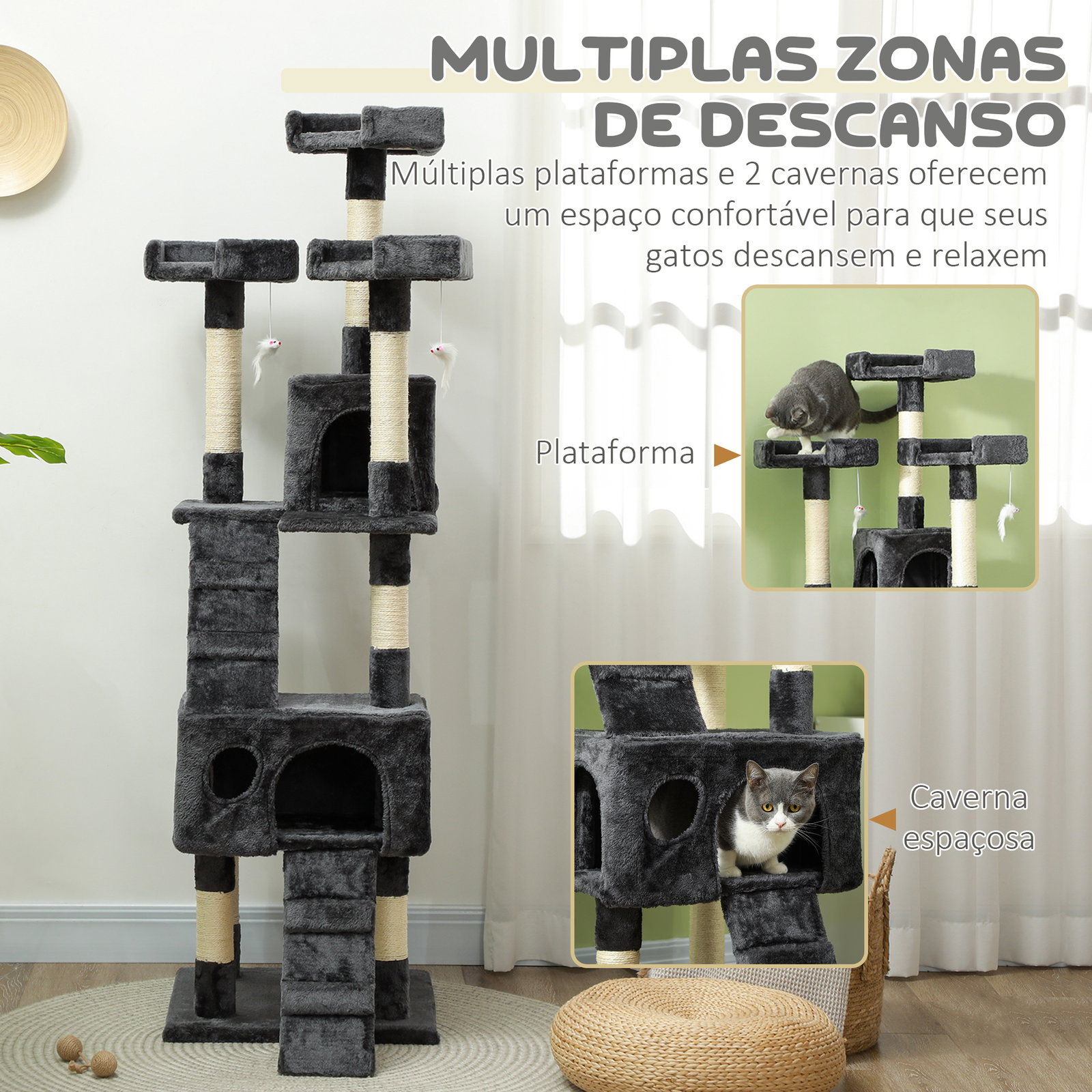 Arranhador para Gatos Grande 49x49x173 cm com Múltiplos Níveis Cavernas e Brinquedos Suspensos Cinza