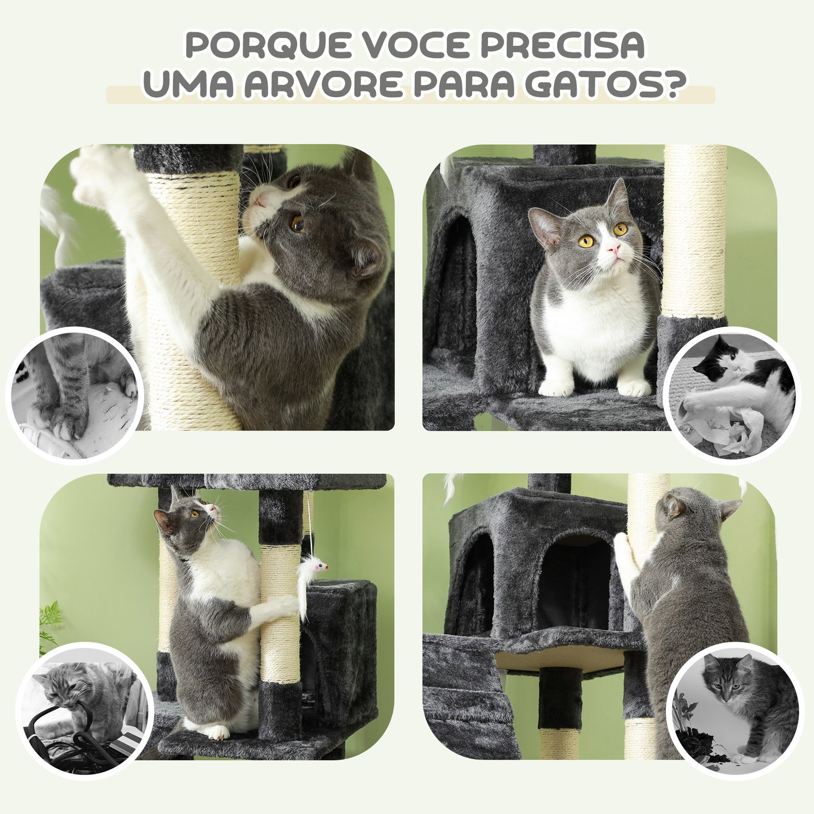 Arranhador para Gatos Grande 49x49x173 cm com Múltiplos Níveis Cavernas e Brinquedos Suspensos Cinza