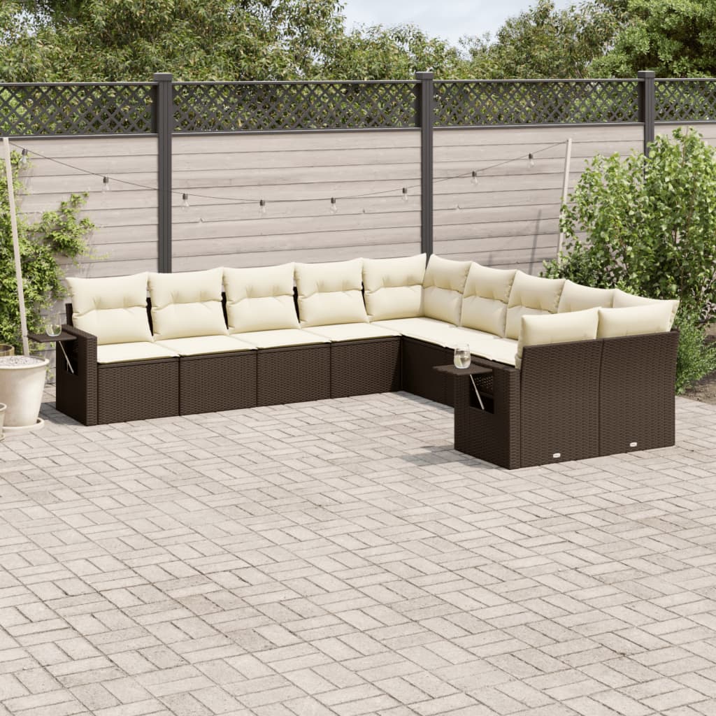 10 Pcs conj. sofás jardim com almofadões vime PE castanho