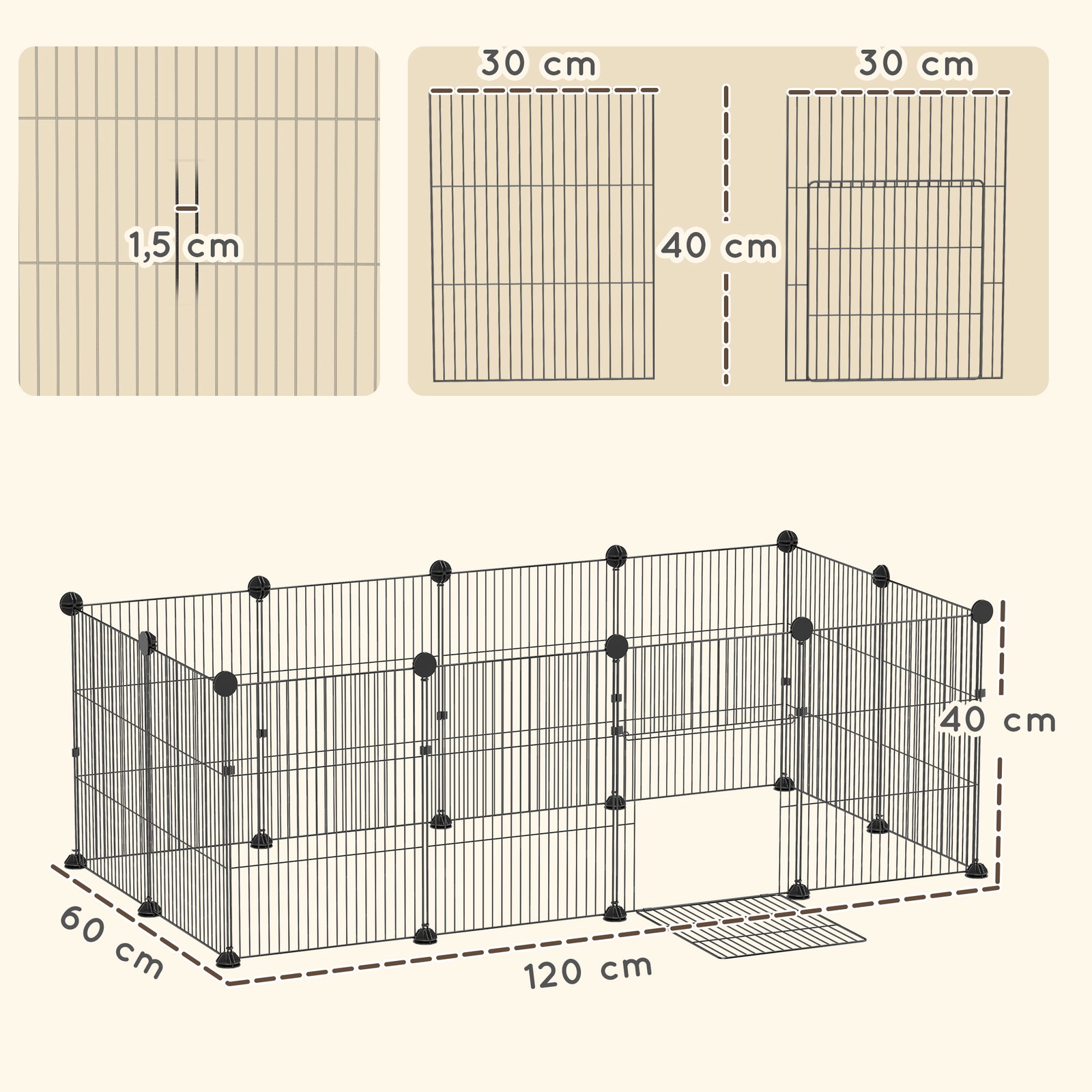 Cerca metálica para animais de 12 painéis DIY tapete impermeável parque para porquinhos-da-índia ouriços 120x60x40 cm preto