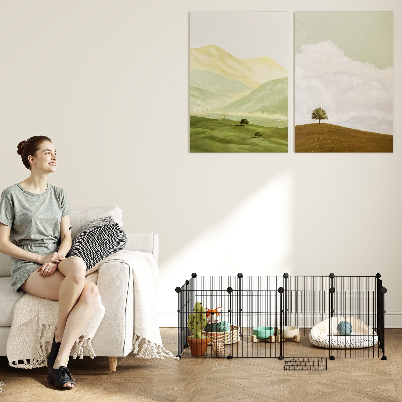 Cerca metálica para animais de 12 painéis DIY tapete impermeável parque para porquinhos-da-índia ouriços 120x60x40 cm preto