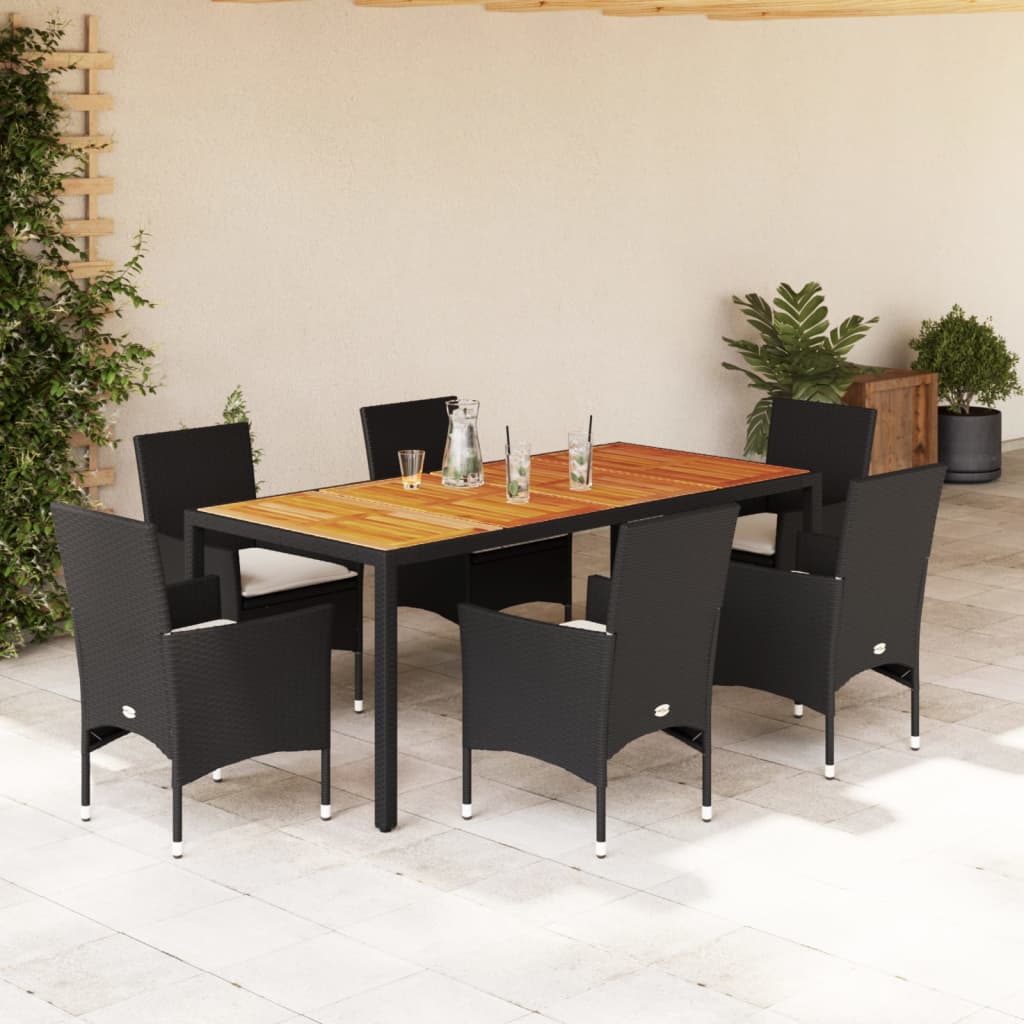 7 Pcs conjunto jantar jardim c/ almofadões vime PE/acácia preto