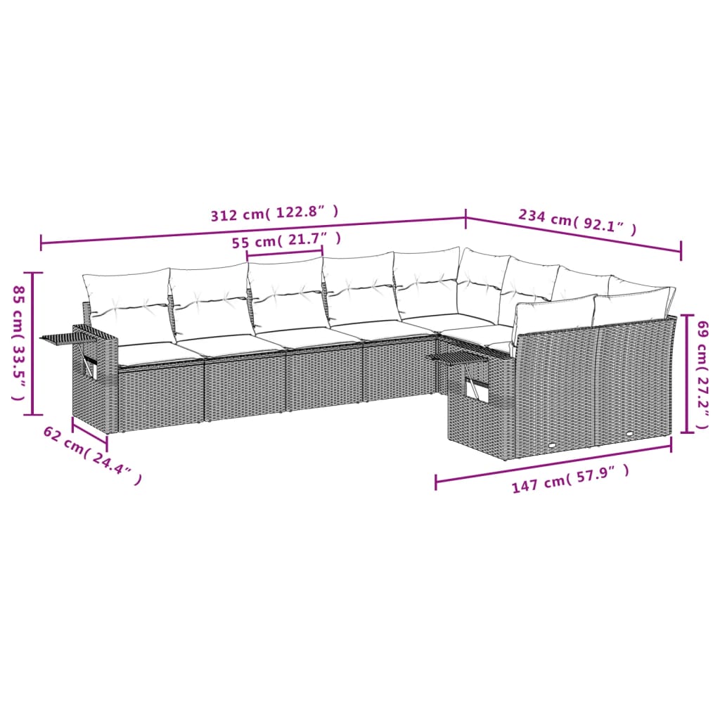 9 Pcs conjunto de sofás p/ jardim c/ almofadões vime PE preto