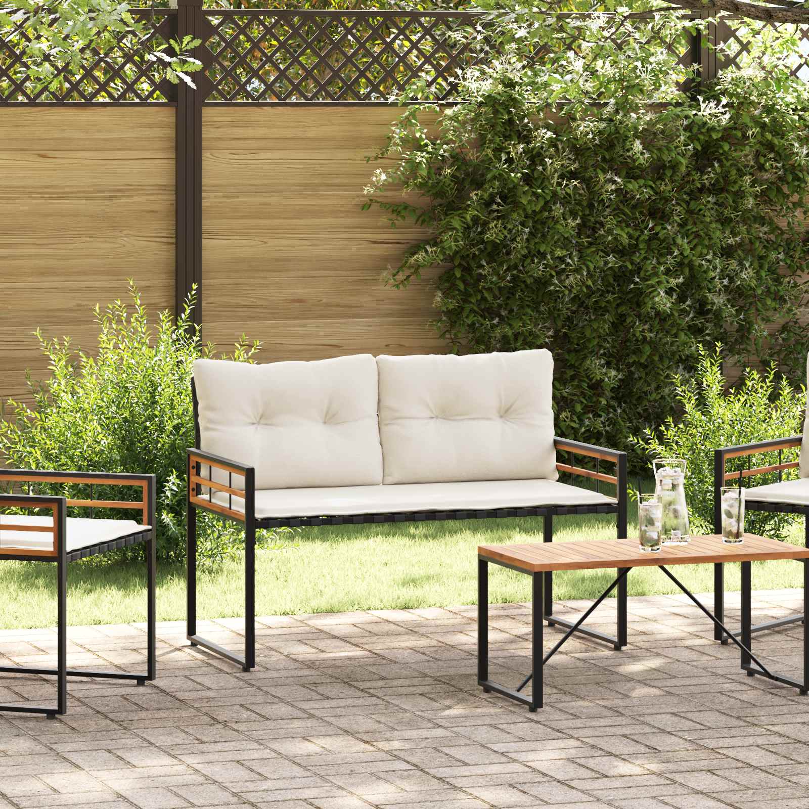 Banco de camada de madeira com almofada creme 114 x 55 x 77 cm