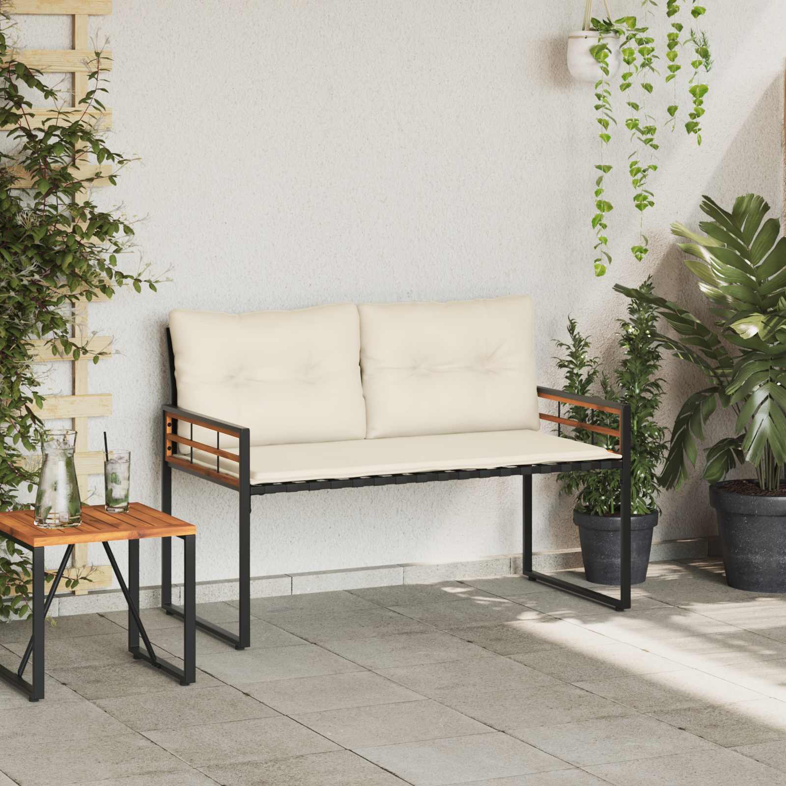 Banco de camada de madeira com almofada creme 114 x 55 x 77 cm