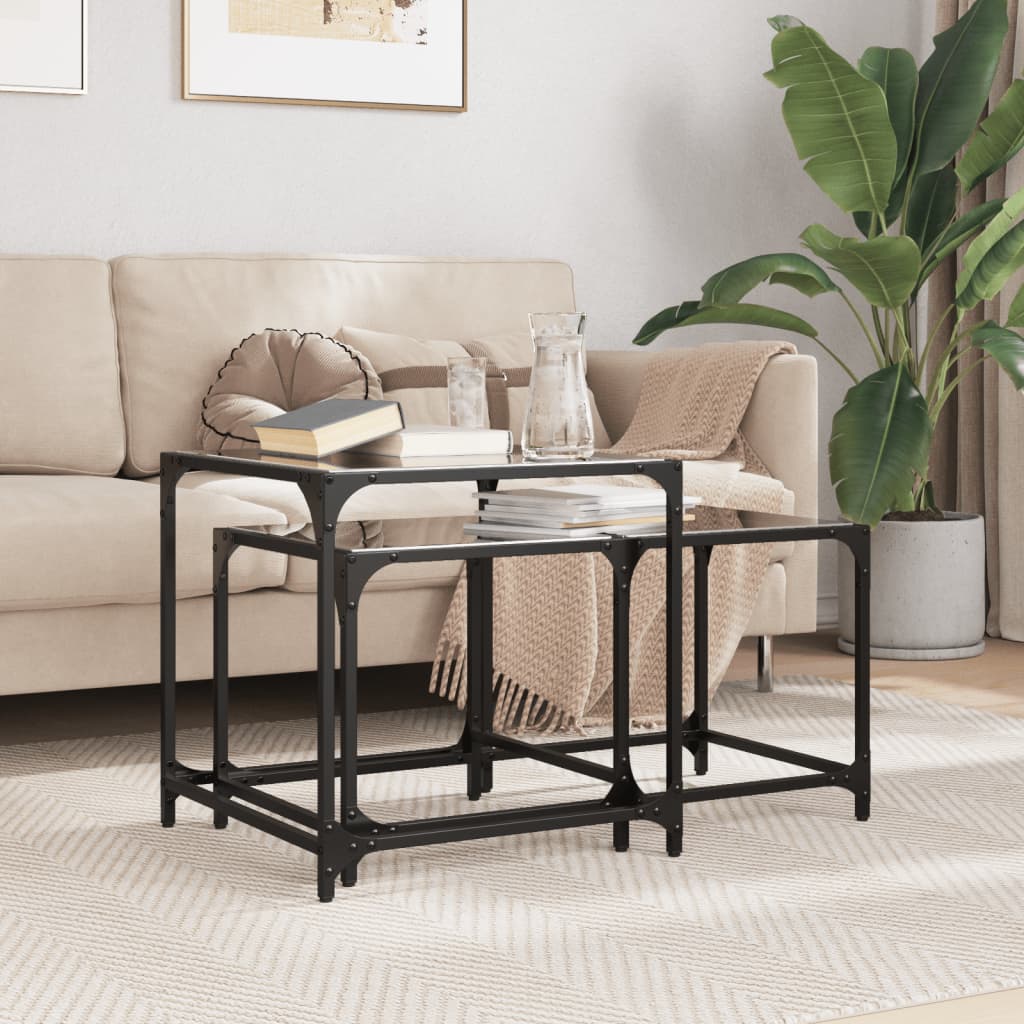 Mesas de café nesting 2 peças com tampo de vidro preto em aço