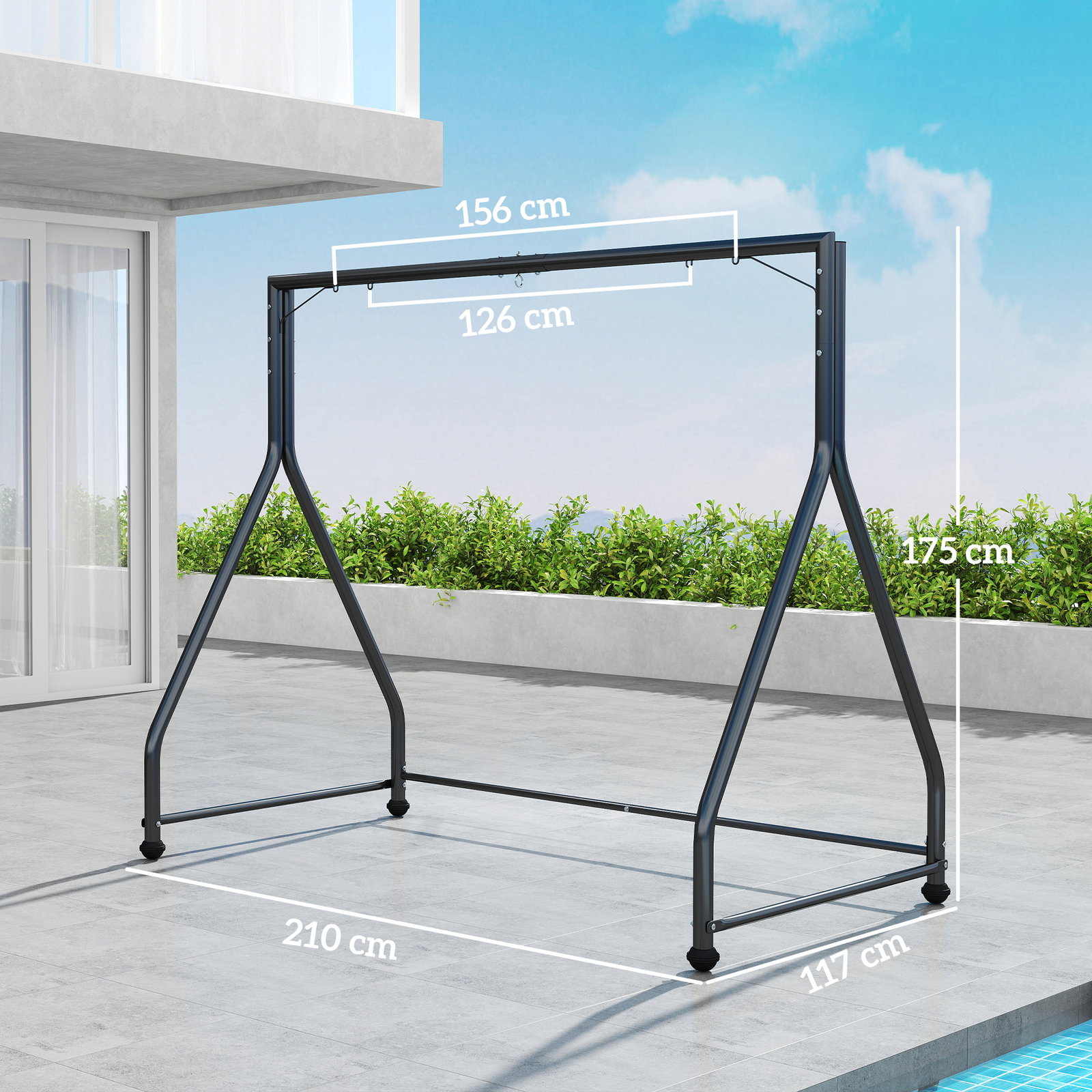 Estrutura de balanço em aço para 2 ou 3 assentos capacidade de 360 kg 210x117x175 cm preto
