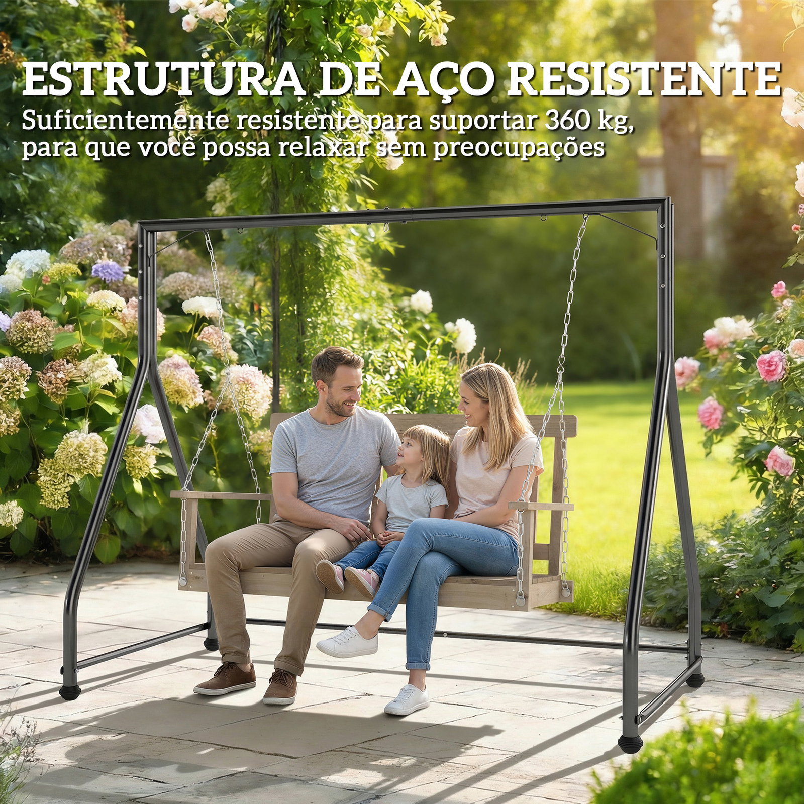 Estrutura de balanço em aço para 2 ou 3 assentos capacidade de 360 kg 210x117x175 cm preto