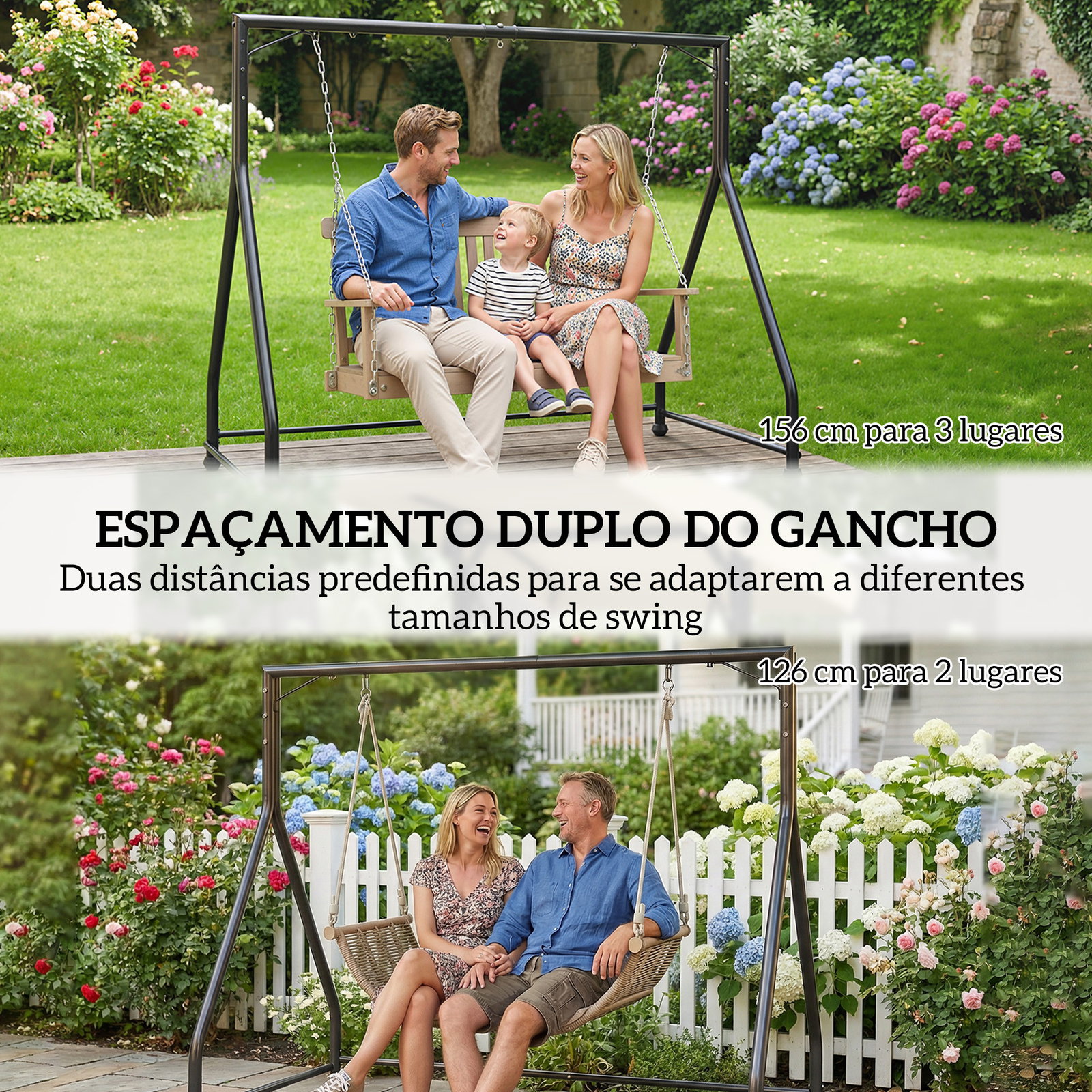 Estrutura de balanço em aço para 2 ou 3 assentos capacidade de 360 kg 210x117x175 cm preto