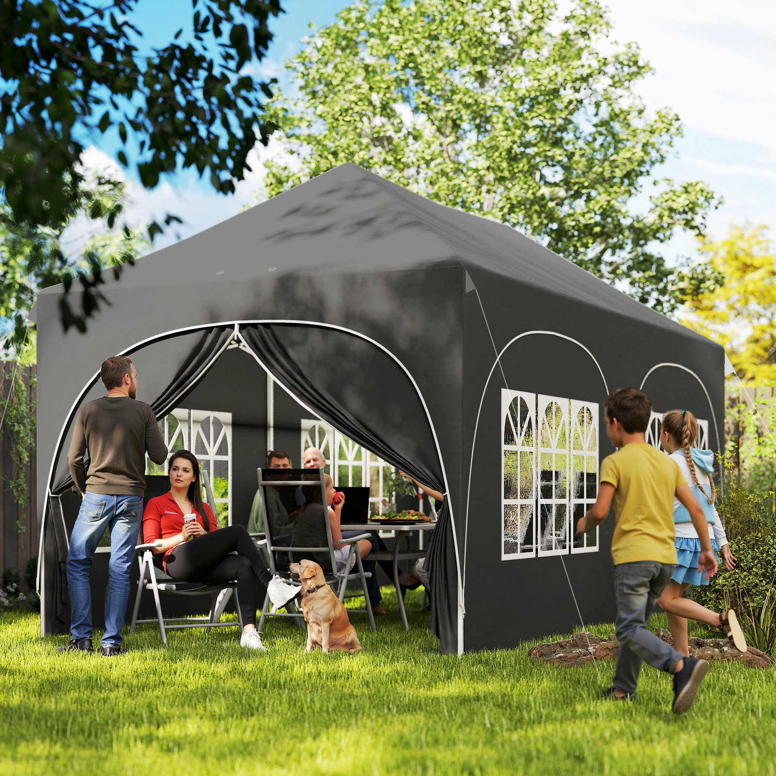 Tenda dobrável 6x3 m pop-up com 4 laterais removíveis altura ajustável e bolsa de transporte cinzento escuro
