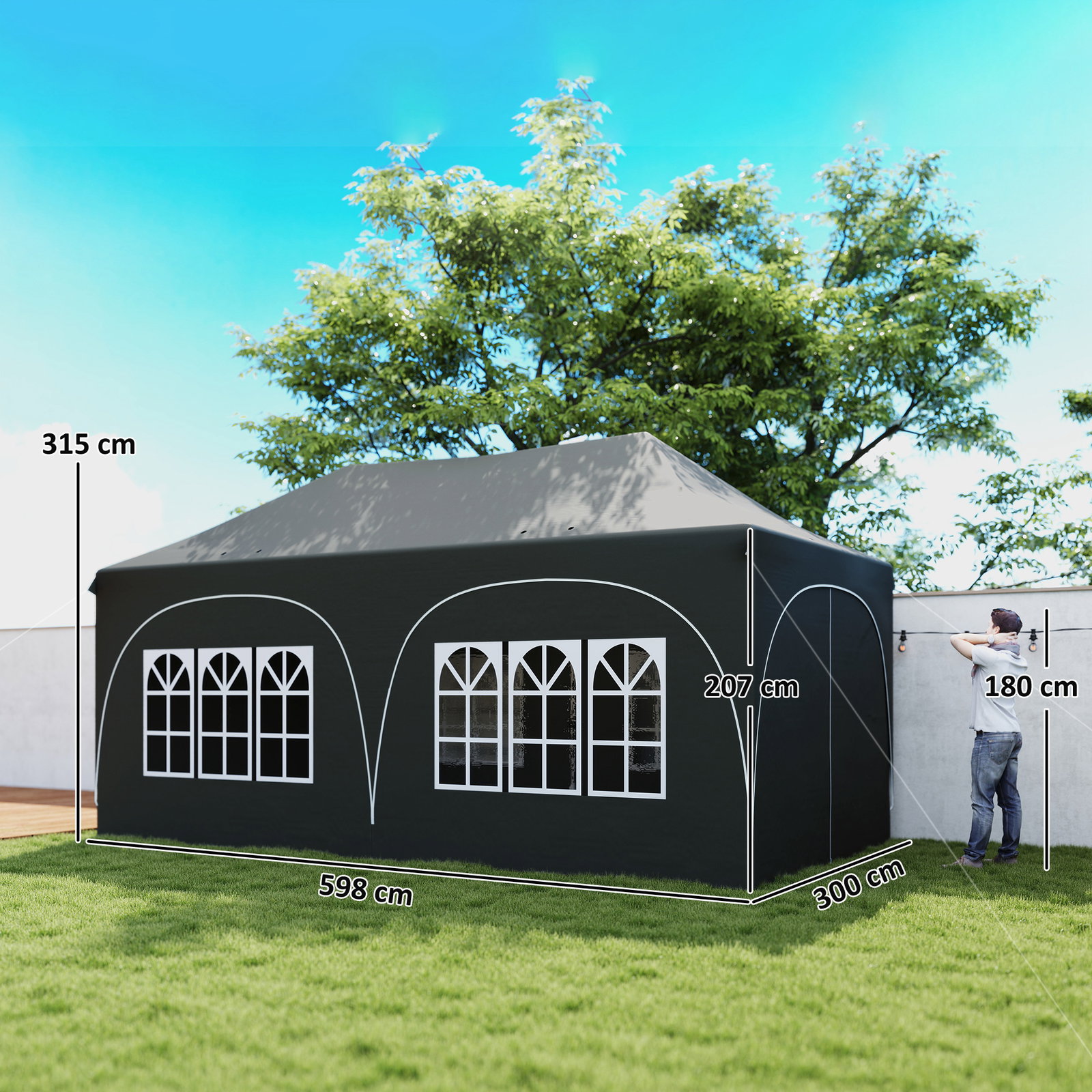 Tenda dobrável 6x3 m pop-up com 4 laterais removíveis altura ajustável e bolsa de transporte cinzento escuro