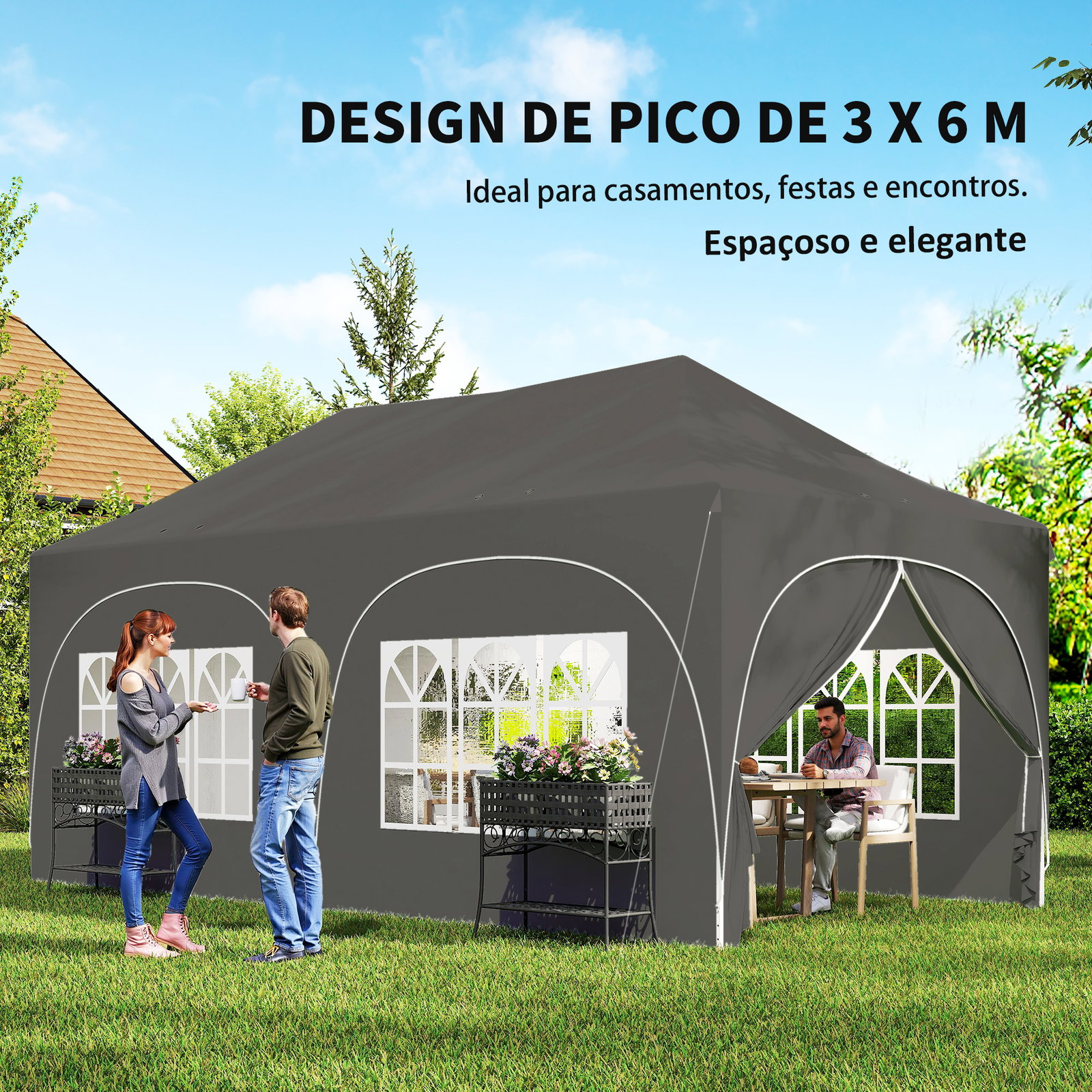 Tenda dobrável 6x3 m pop-up com 4 laterais removíveis altura ajustável e bolsa de transporte cinzento escuro