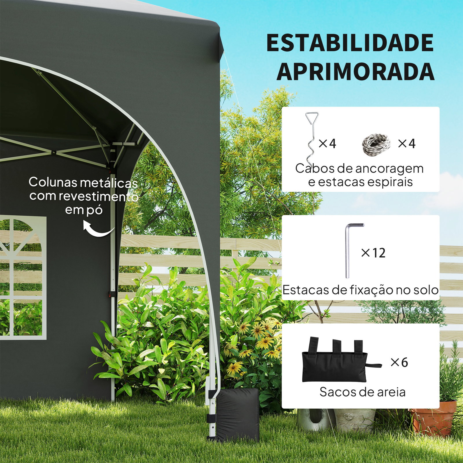 Tenda dobrável 6x3 m pop-up com 4 laterais removíveis altura ajustável e bolsa de transporte cinzento escuro