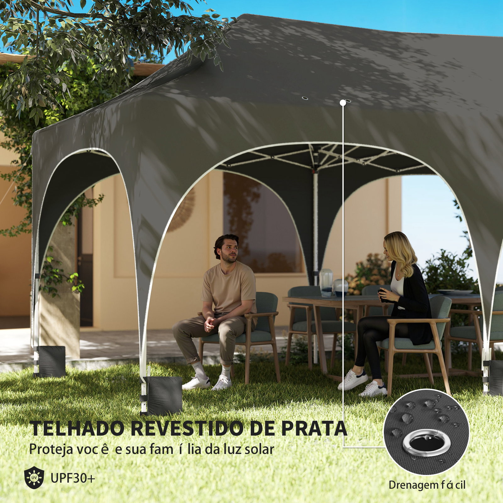 Tenda dobrável 6x3 m pop-up com 4 laterais removíveis altura ajustável e bolsa de transporte cinzento escuro
