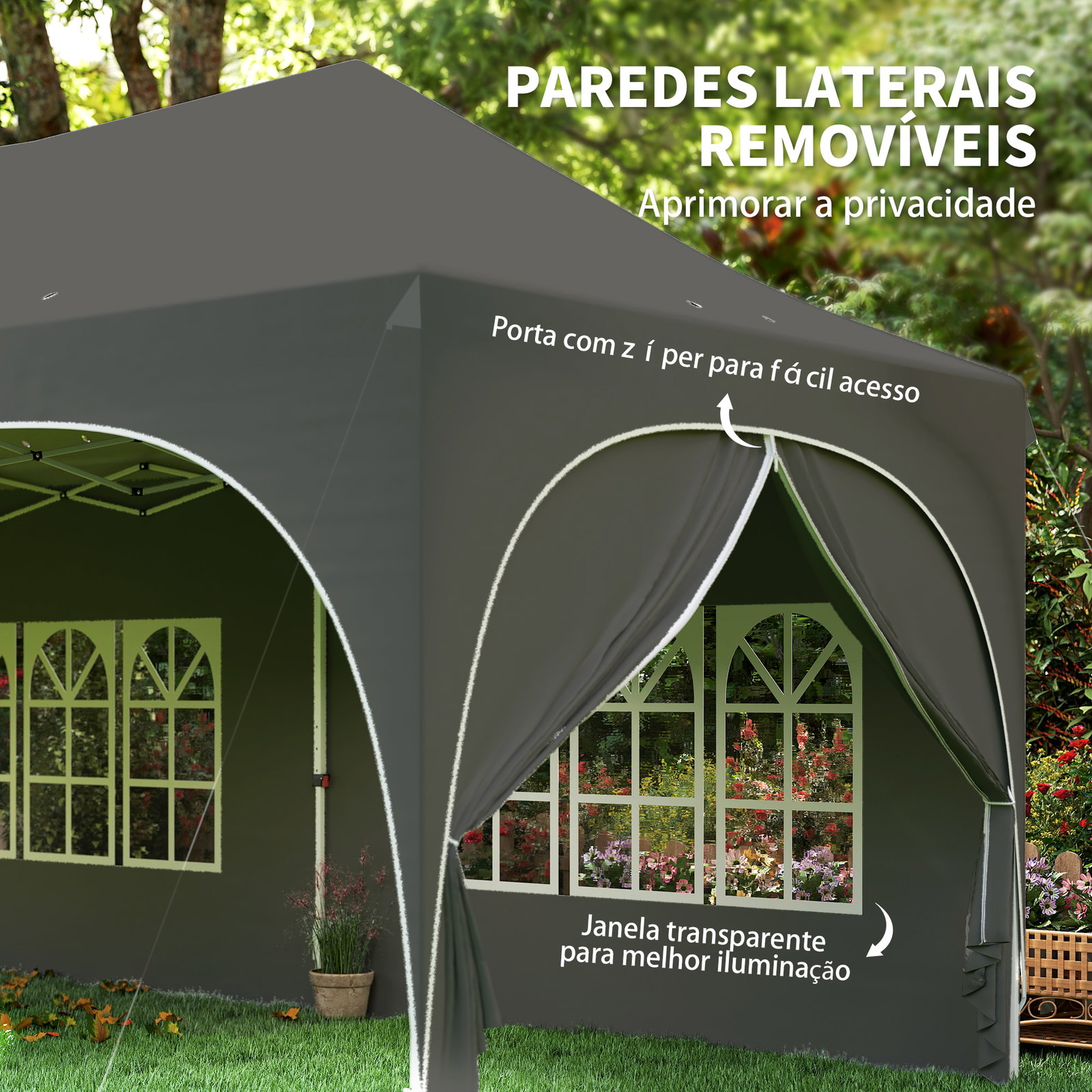 Tenda dobrável 6x3 m pop-up com 4 laterais removíveis altura ajustável e bolsa de transporte cinzento escuro