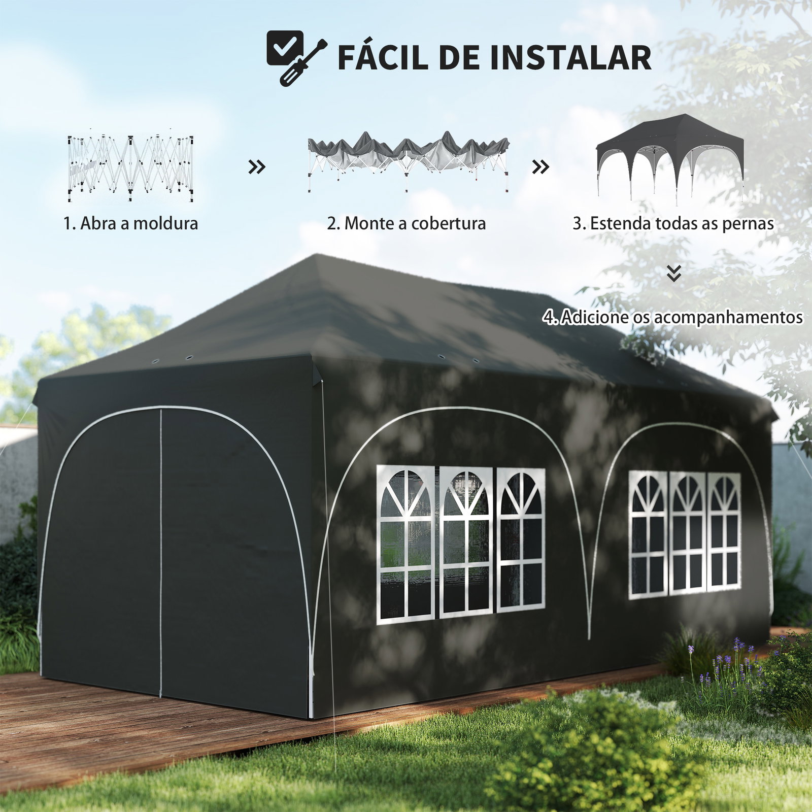 Tenda dobrável 6x3 m pop-up com 4 laterais removíveis altura ajustável e bolsa de transporte cinzento escuro