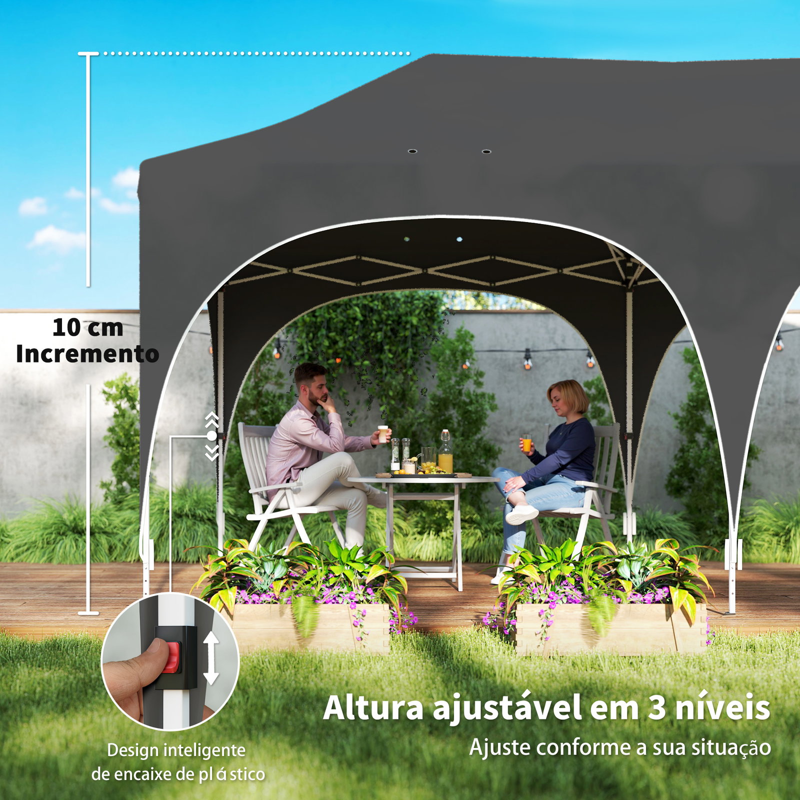 Tenda dobrável 6x3 m pop-up com 4 laterais removíveis altura ajustável e bolsa de transporte cinzento escuro
