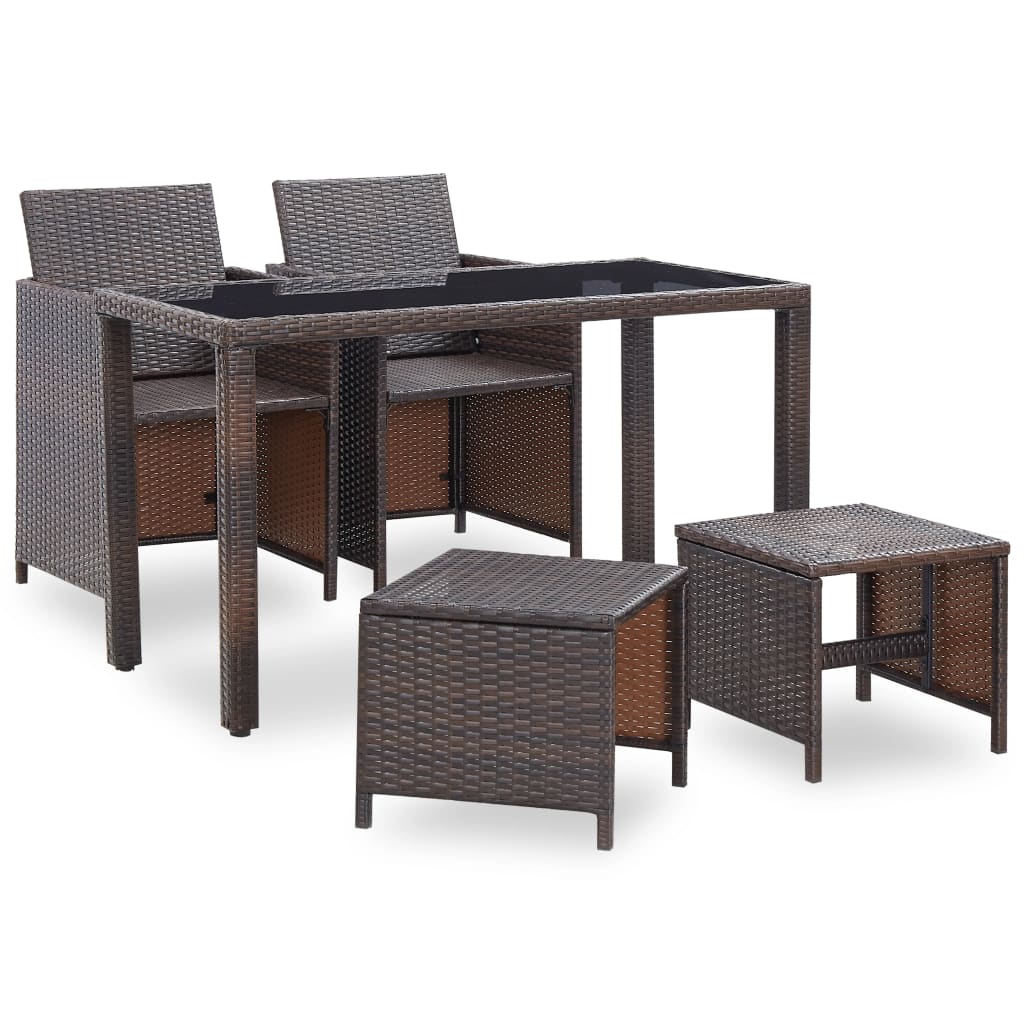 5 Pcs conjunto de jantar exterior c/ almofadões vime castanho