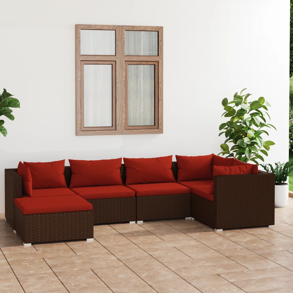 6 Pcs conjunto lounge jardim c/ almofadões vime PE castanho