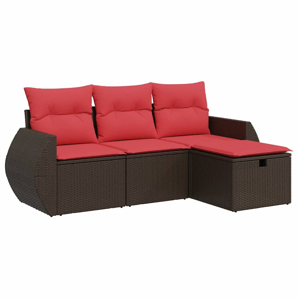 4 Pcs conjunto sofás de jardim c/ almofadões vime PE castanho