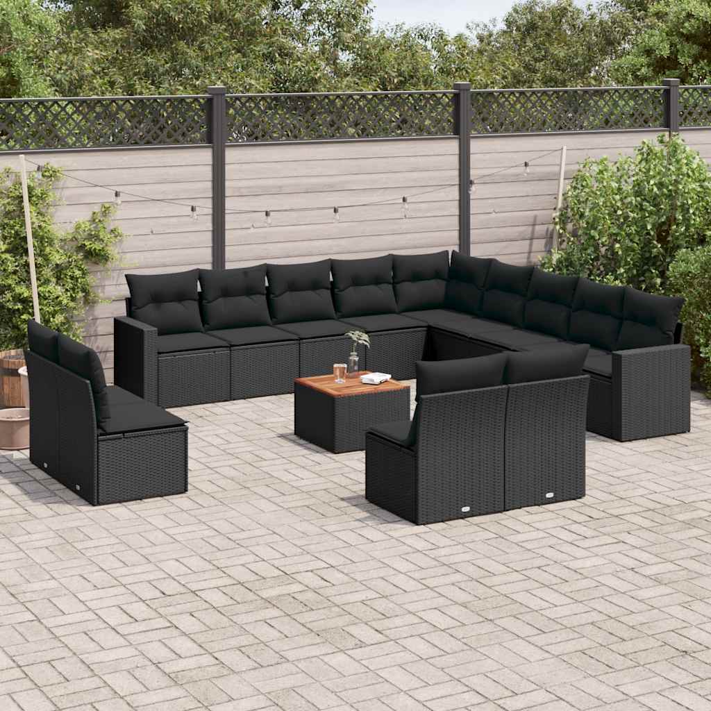 14 Pcs conjunto de sofás p/ jardim c/ almofadões vime PE preto