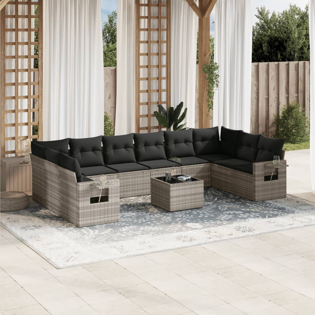 11 Pcs conjunto sofás de jardim c/ almofadões vime PE cinzento