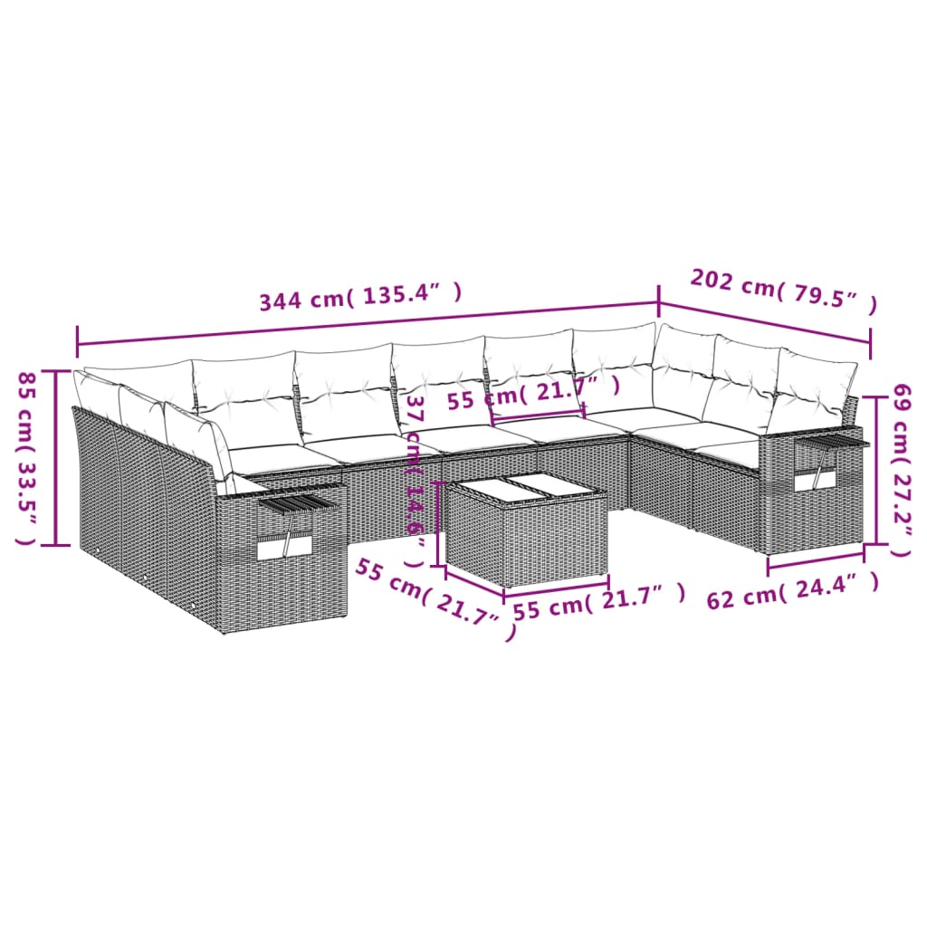 11 Pcs conjunto sofás de jardim c/ almofadões vime PE cinzento