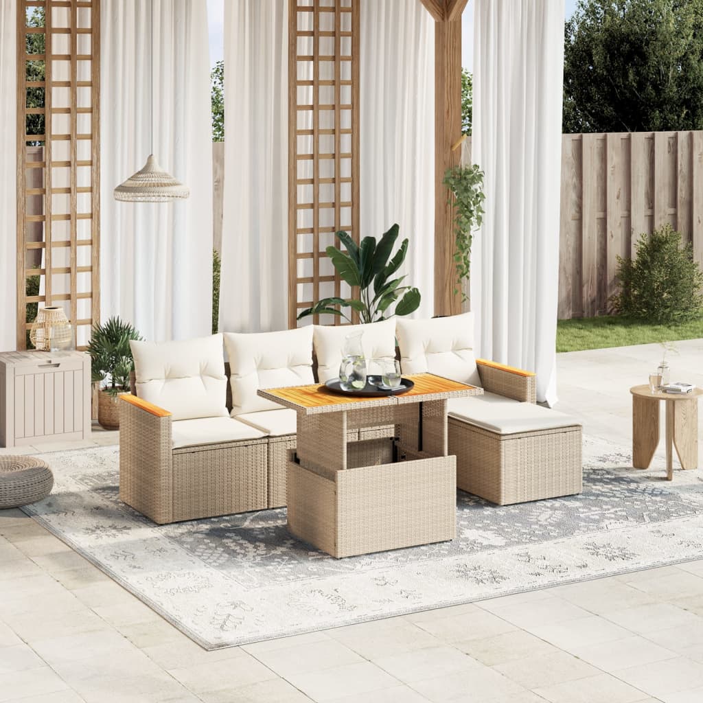 6 Pcs conjunto de sofás p/ jardim com almofadões vime PE bege