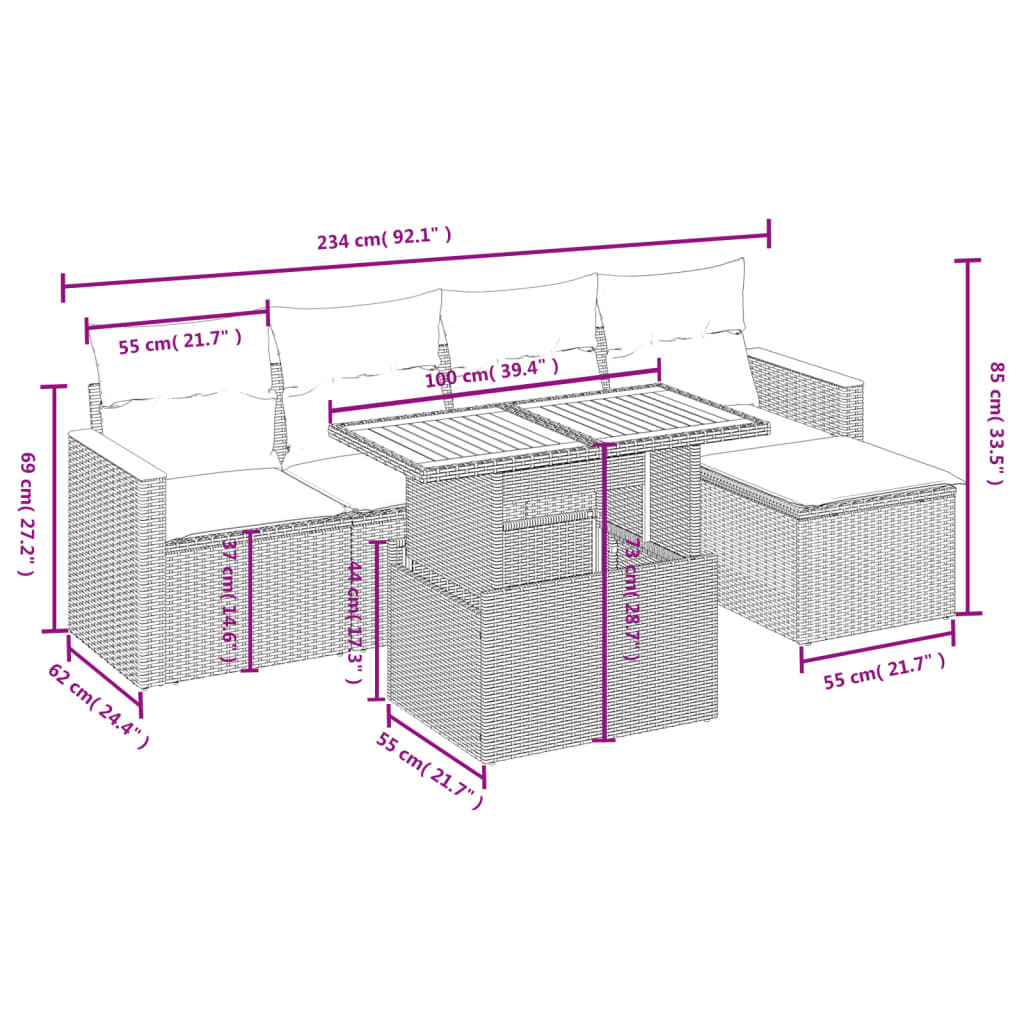 6 Pcs conjunto de sofás p/ jardim com almofadões vime PE bege