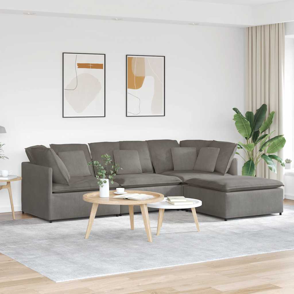 Sofá modular c/ pufes almofadas tecido corduroy cinzento-claro