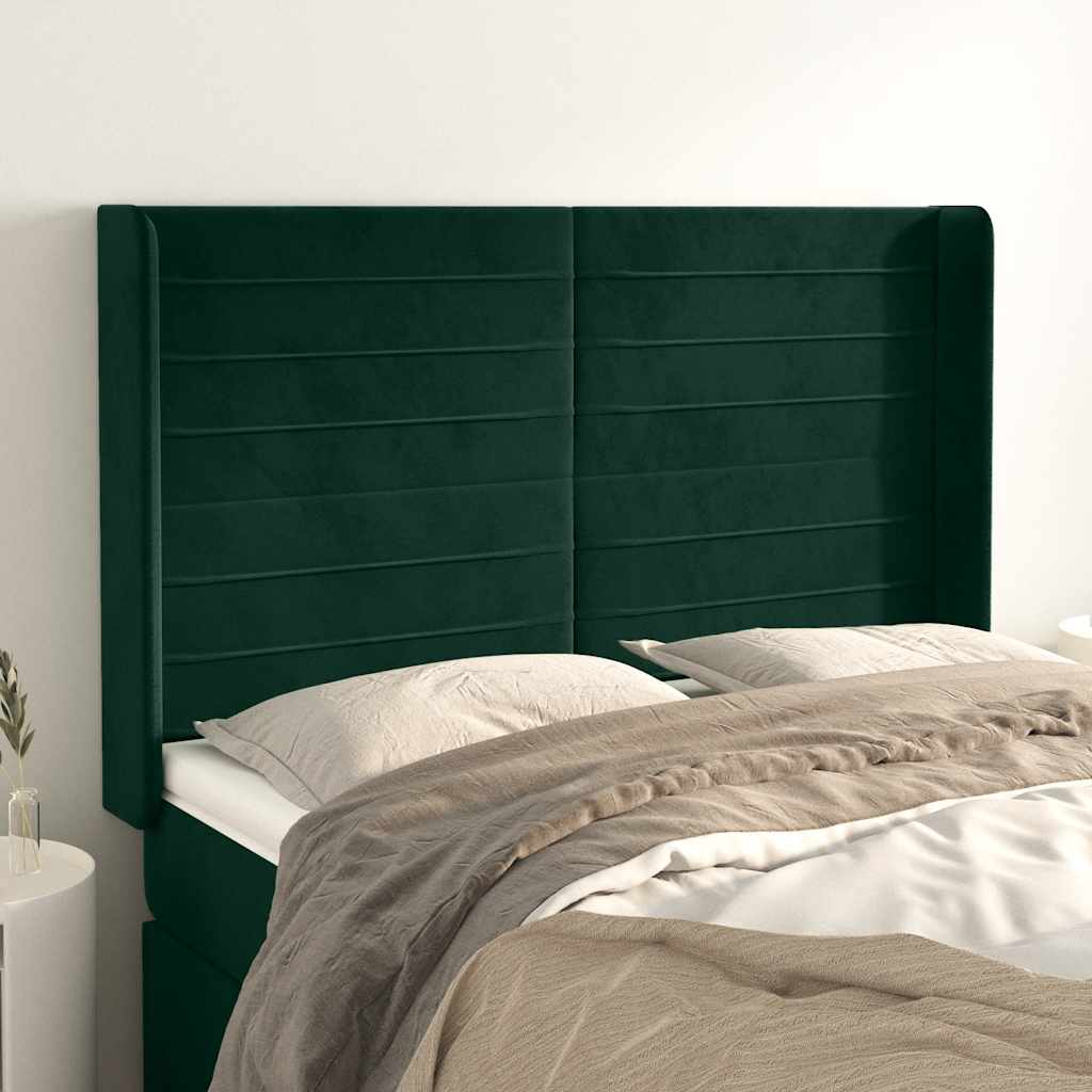 Cabeceira cama c/ abas veludo 147x16x118/128 cm verde-escuro
