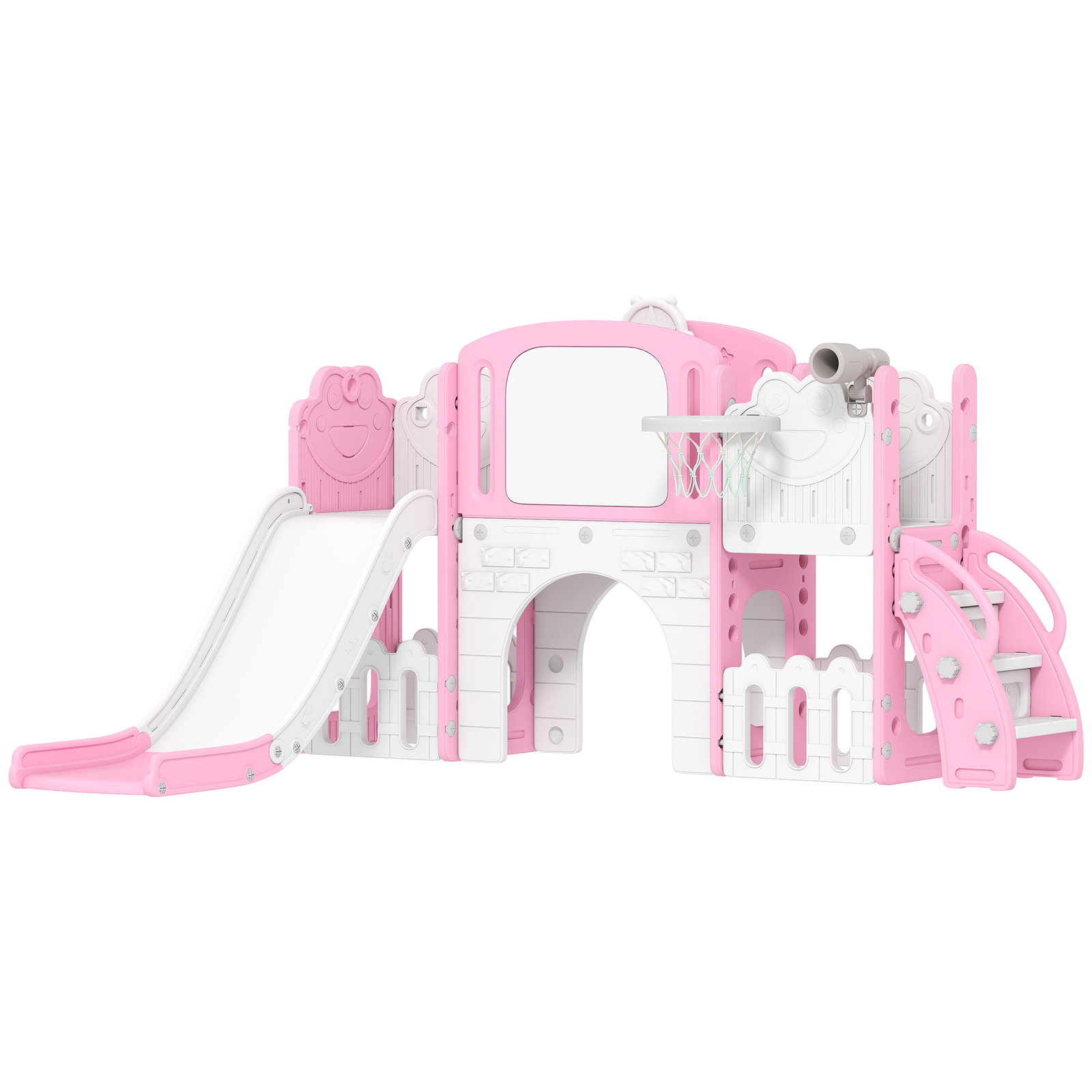 Escorrega infantil 7 em 1 para crianças tema de sapo com aro de basquetebol túnel quadro telescópio de brincar trepador 176x150x94 cm rosa