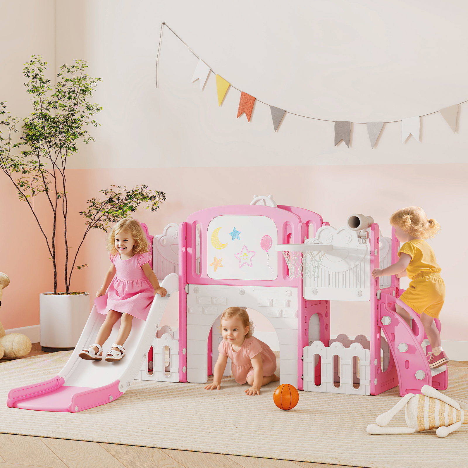 Escorrega infantil 7 em 1 para crianças tema de sapo com aro de basquetebol túnel quadro telescópio de brincar trepador 176x150x94 cm rosa