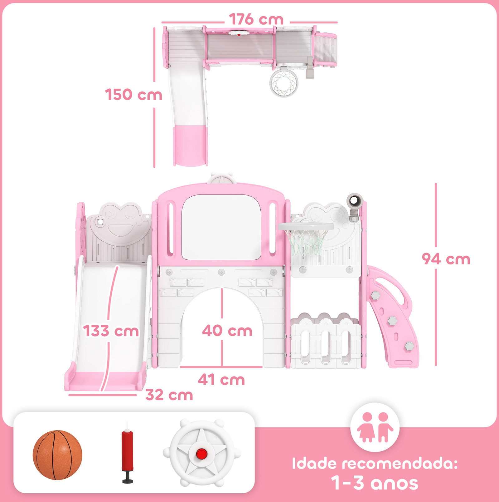 Escorrega infantil 7 em 1 para crianças tema de sapo com aro de basquetebol túnel quadro telescópio de brincar trepador 176x150x94 cm rosa