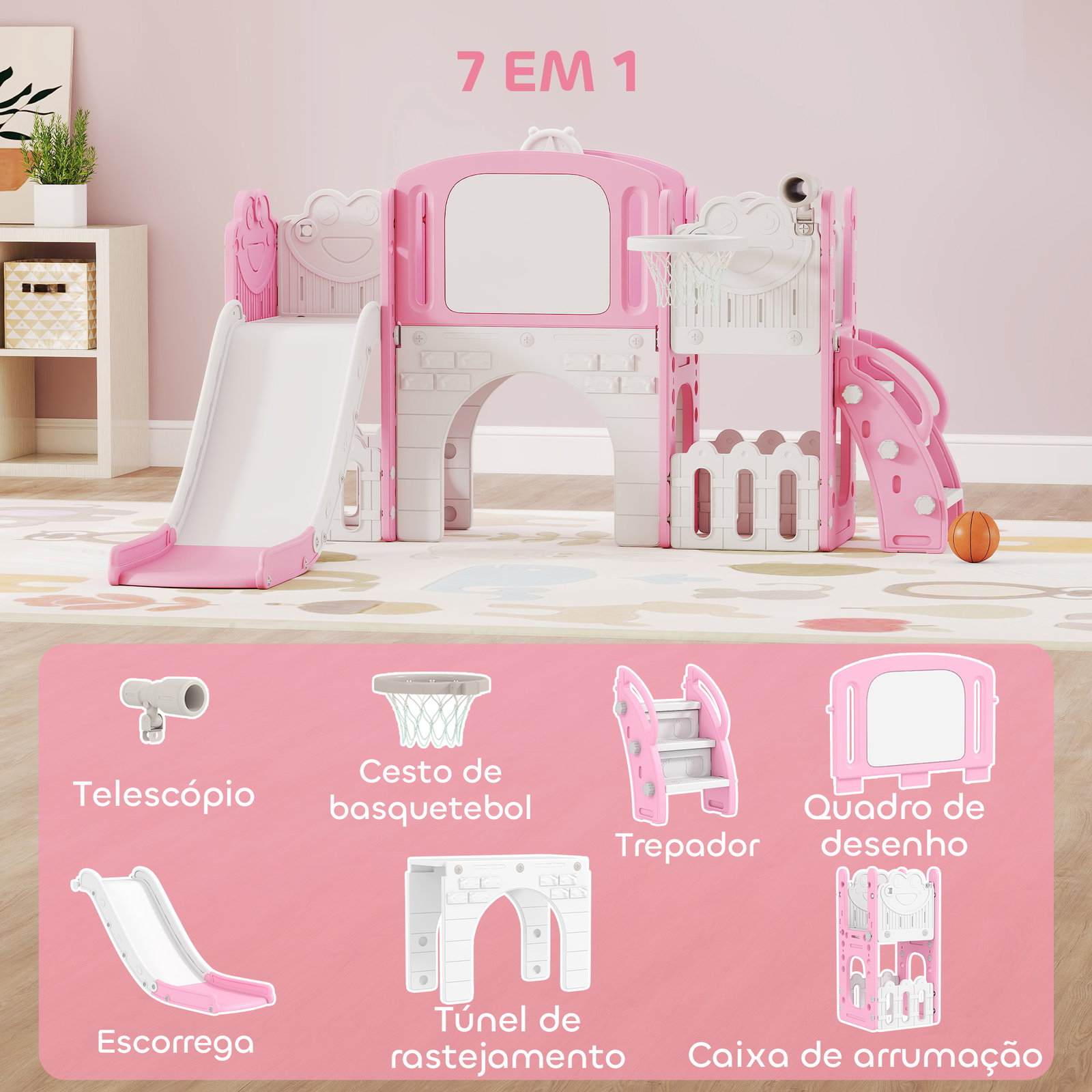 Escorrega infantil 7 em 1 para crianças tema de sapo com aro de basquetebol túnel quadro telescópio de brincar trepador 176x150x94 cm rosa