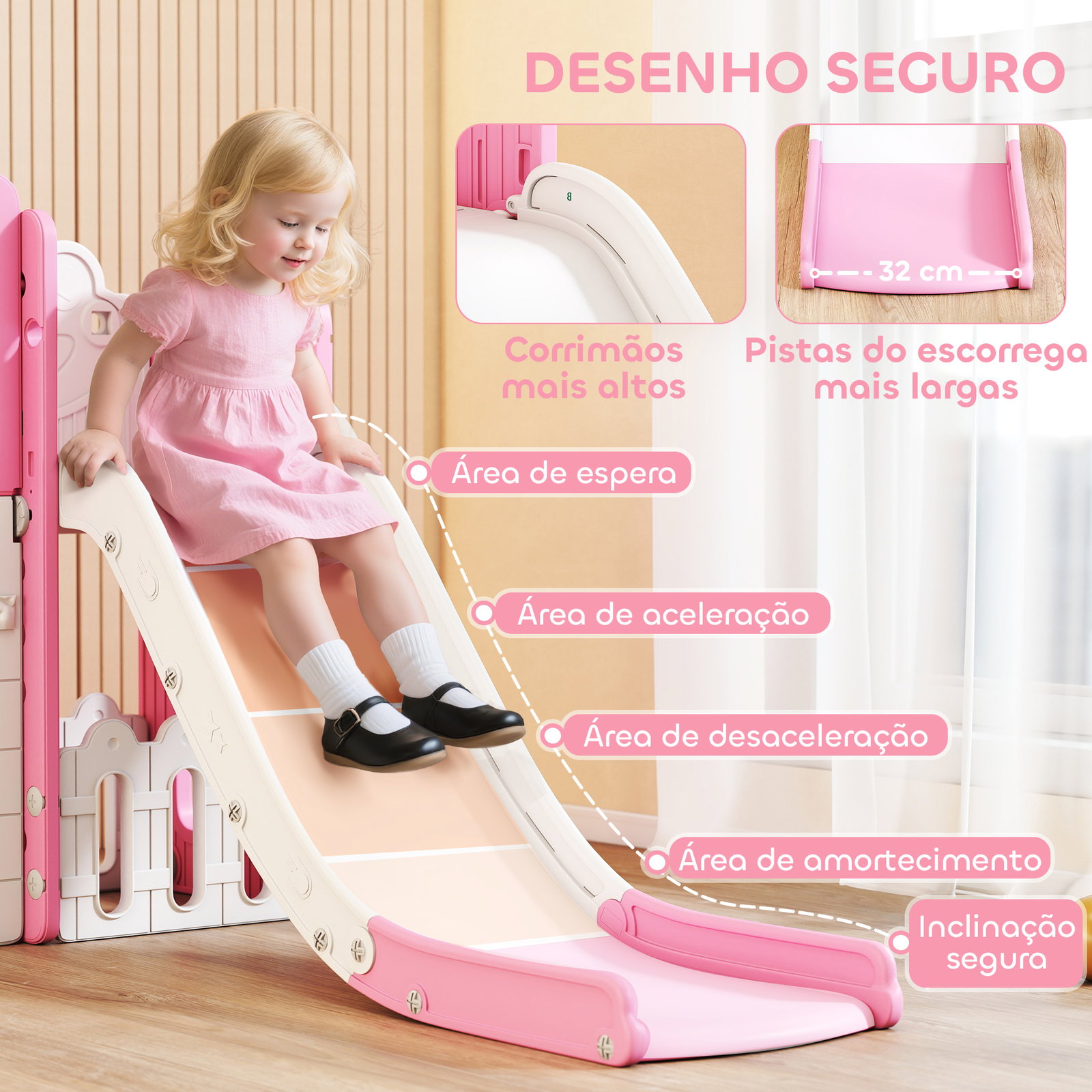 Escorrega infantil 7 em 1 para crianças tema de sapo com aro de basquetebol túnel quadro telescópio de brincar trepador 176x150x94 cm rosa