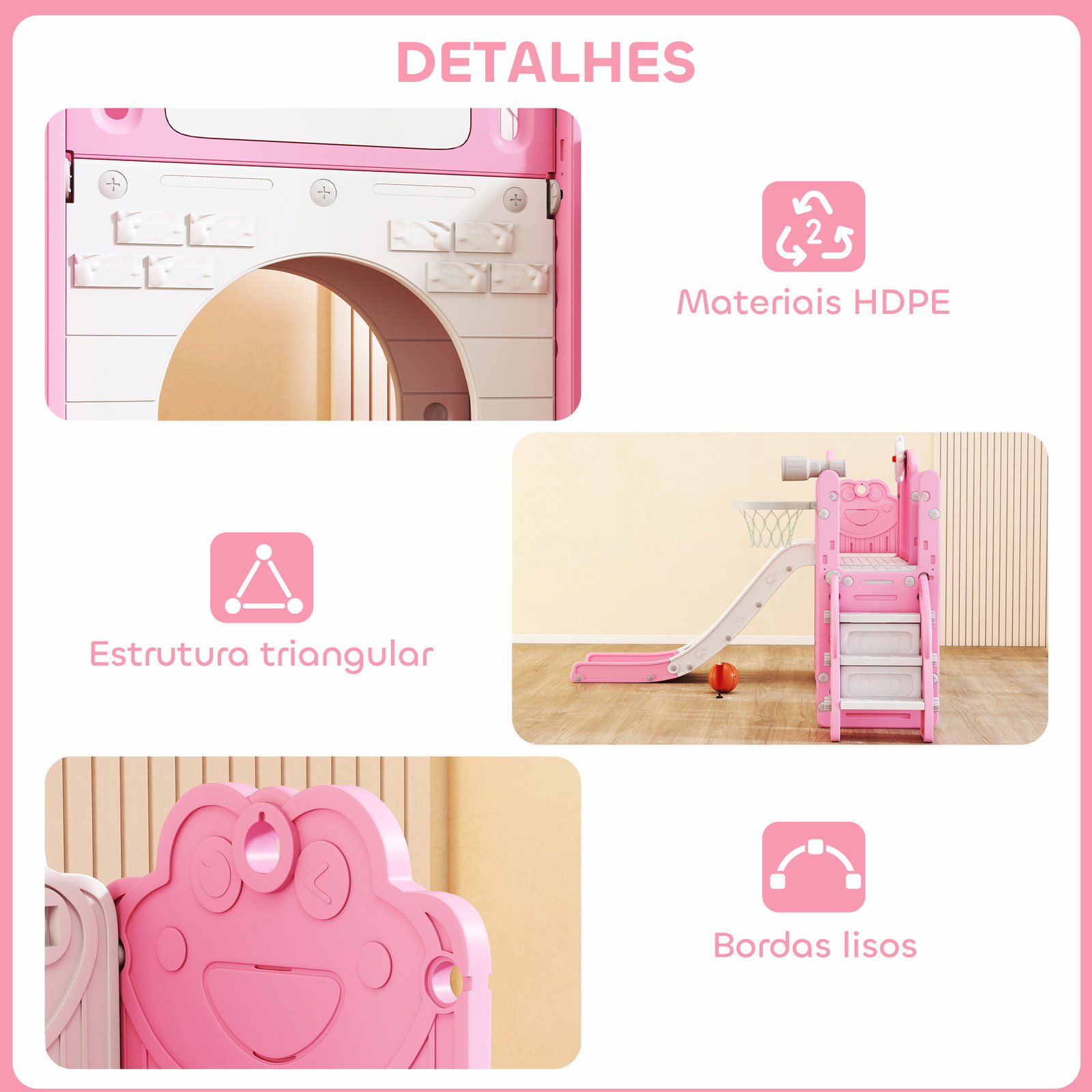 Escorrega infantil 7 em 1 para crianças tema de sapo com aro de basquetebol túnel quadro telescópio de brincar trepador 176x150x94 cm rosa