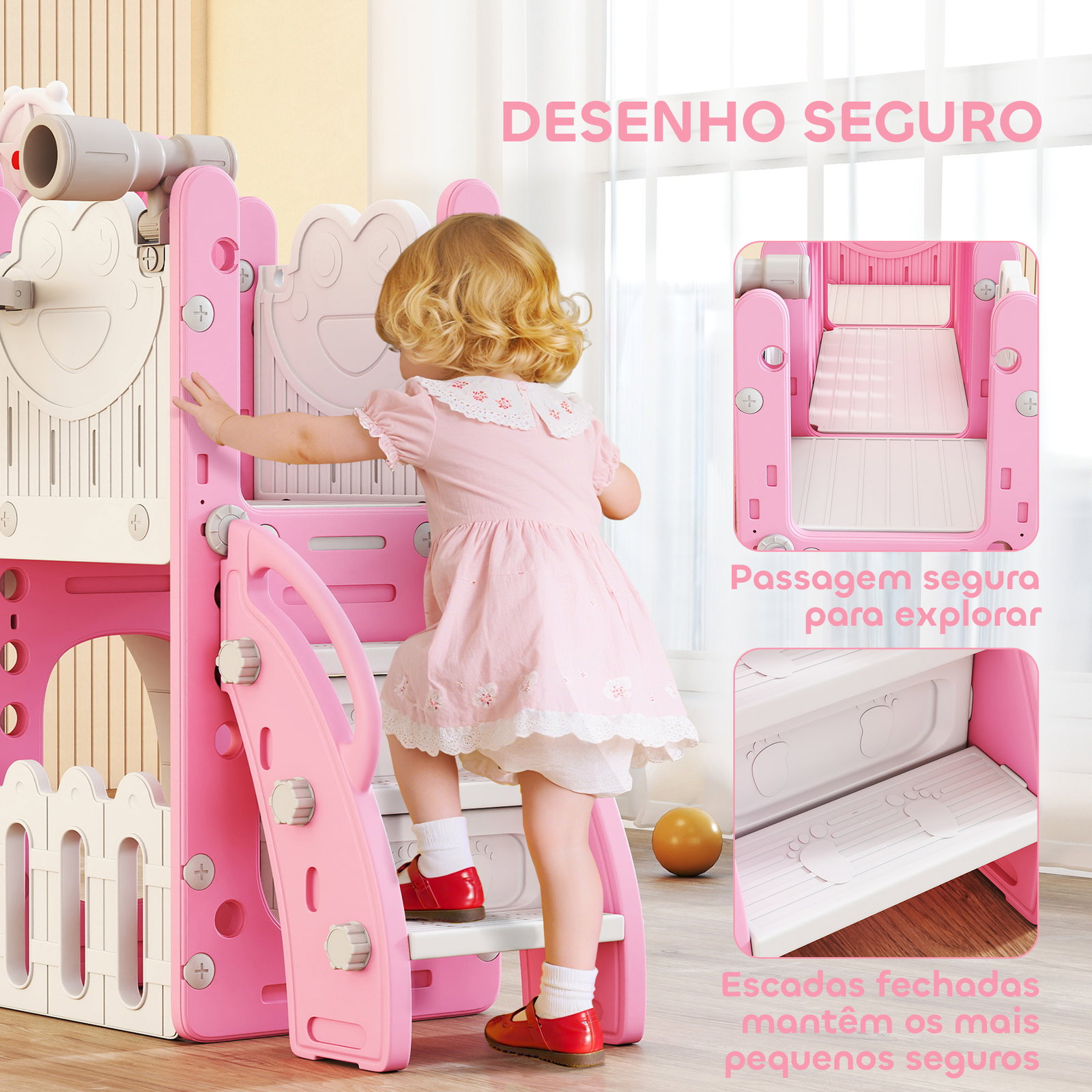 Escorrega infantil 7 em 1 para crianças tema de sapo com aro de basquetebol túnel quadro telescópio de brincar trepador 176x150x94 cm rosa