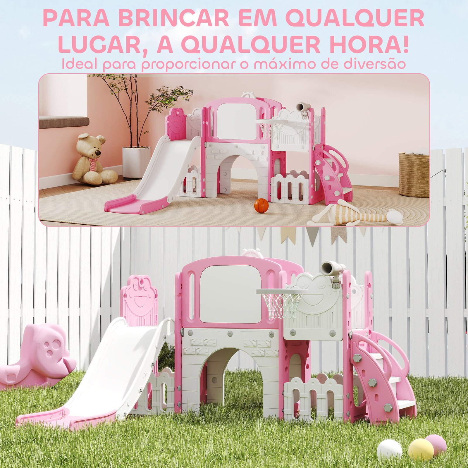 Escorrega infantil 7 em 1 para crianças tema de sapo com aro de basquetebol túnel quadro telescópio de brincar trepador 176x150x94 cm rosa