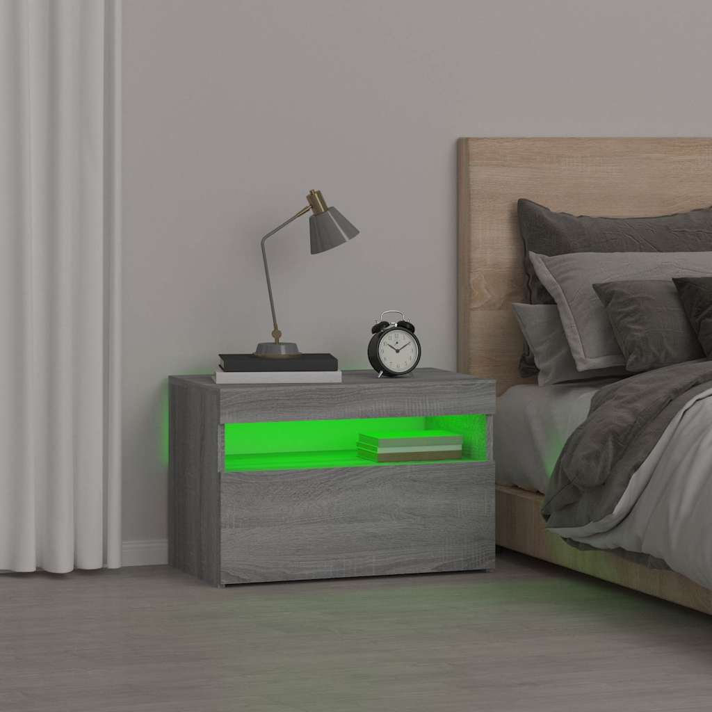 Mesa de cabeceira c/ leds 60x35x40 cm cinzento sonoma